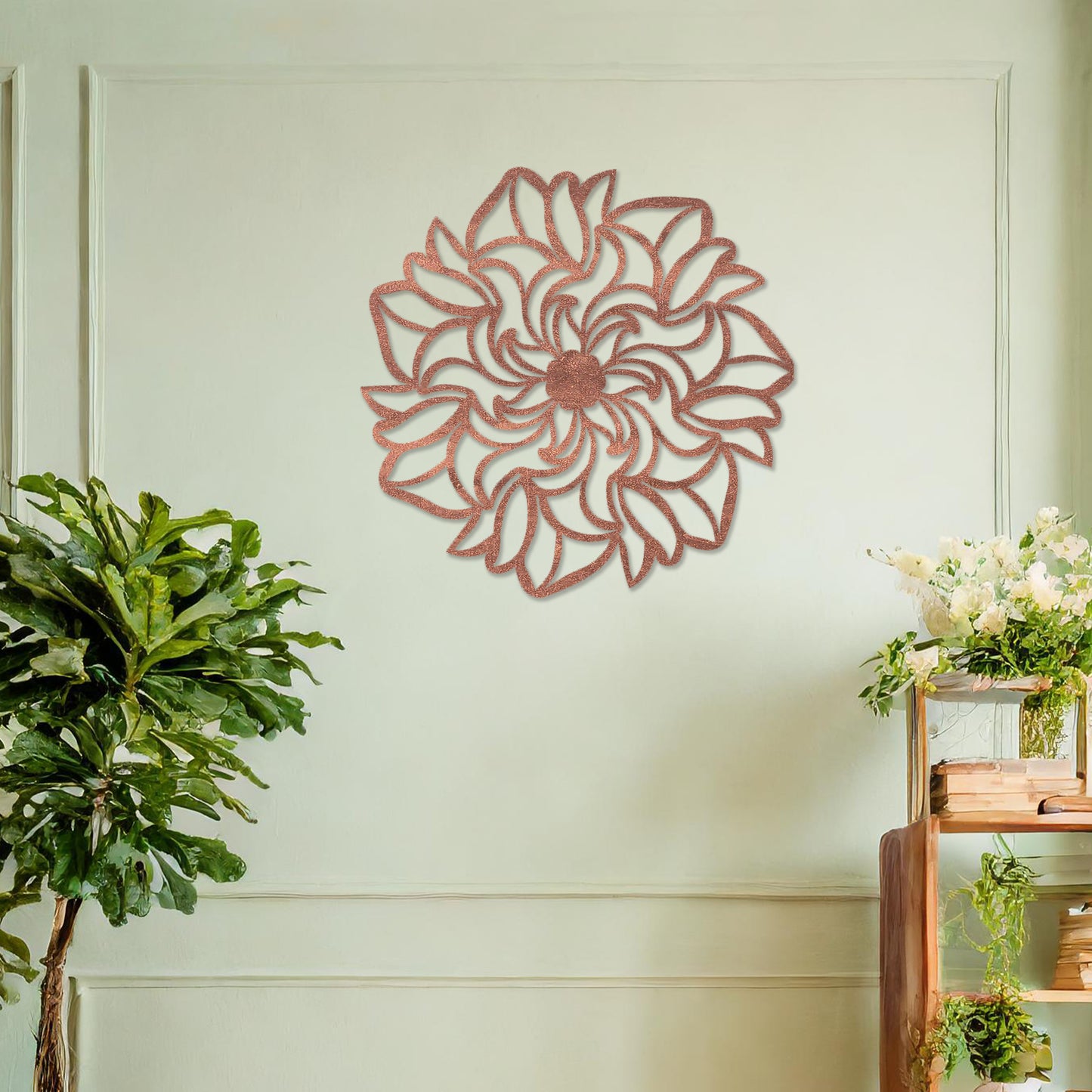 Wooden floral wall art featuring a captivating design with swirling petal patterns, crafted for a unique artistic touch. Displayed on a neutral wall within a modern room decor, this piece enhances the aesthetic of any living space.