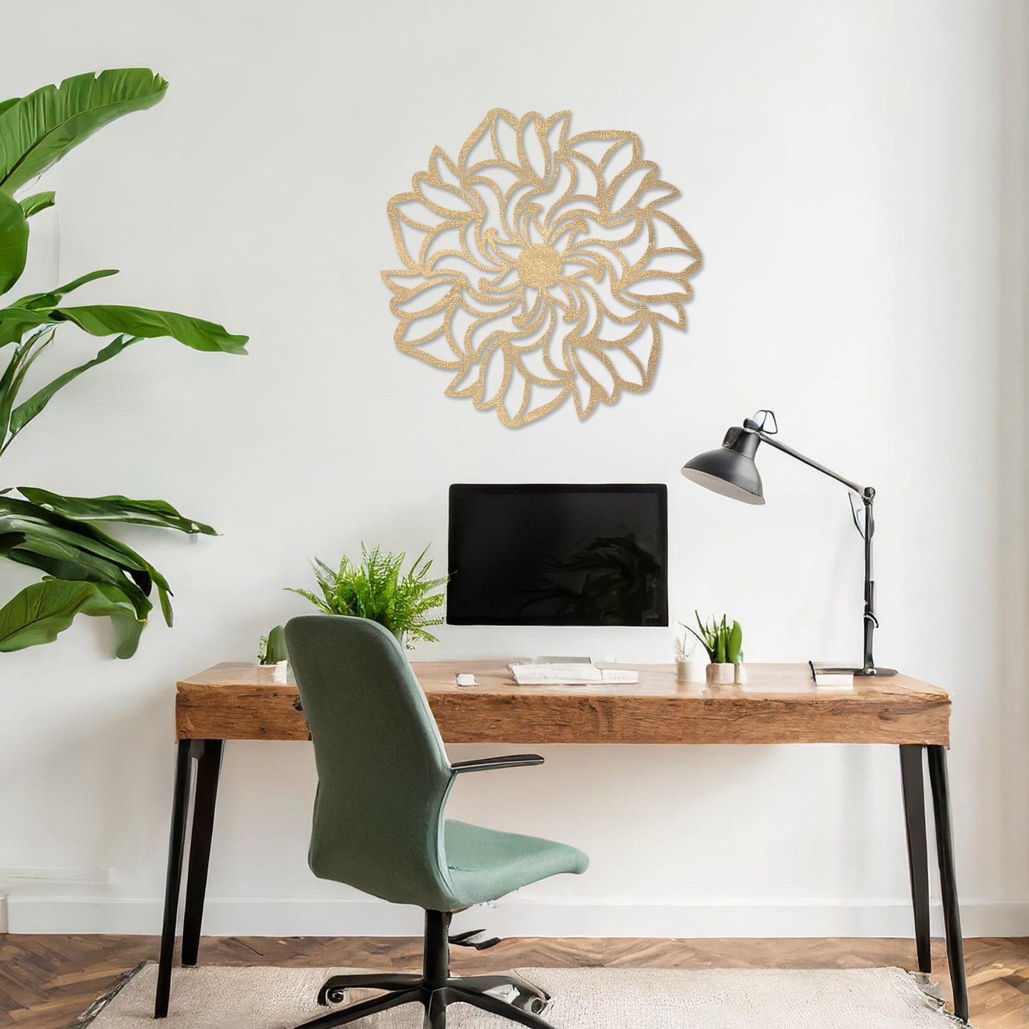 Wooden floral wall art featuring a captivating design with swirling petal patterns, crafted for a unique artistic touch. Displayed on a neutral wall within a modern room decor, this piece enhances the aesthetic of any living space.