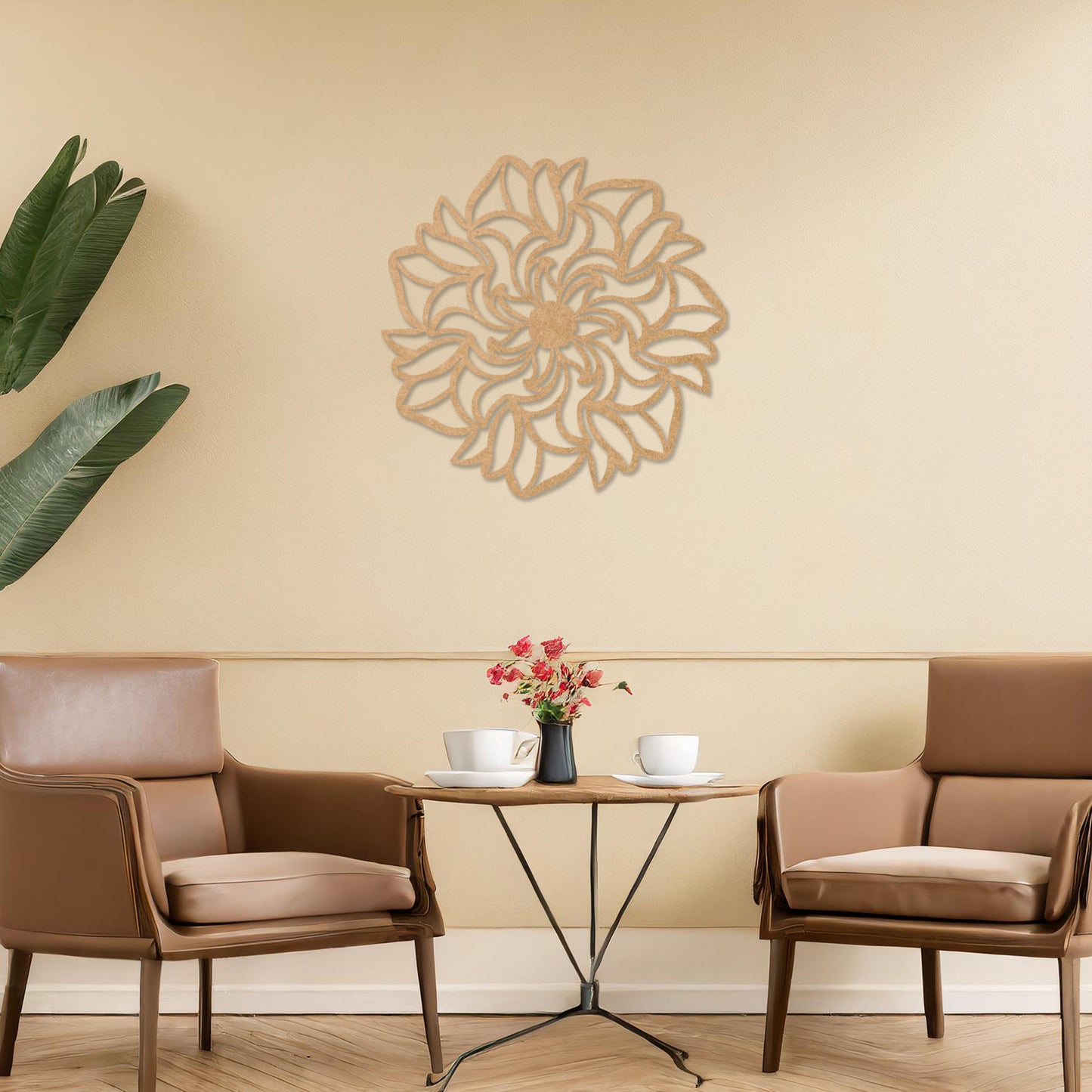 Wooden floral wall art featuring a captivating design with swirling petal patterns, crafted for a unique artistic touch. Displayed on a neutral wall within a modern room decor, this piece enhances the aesthetic of any living space.
