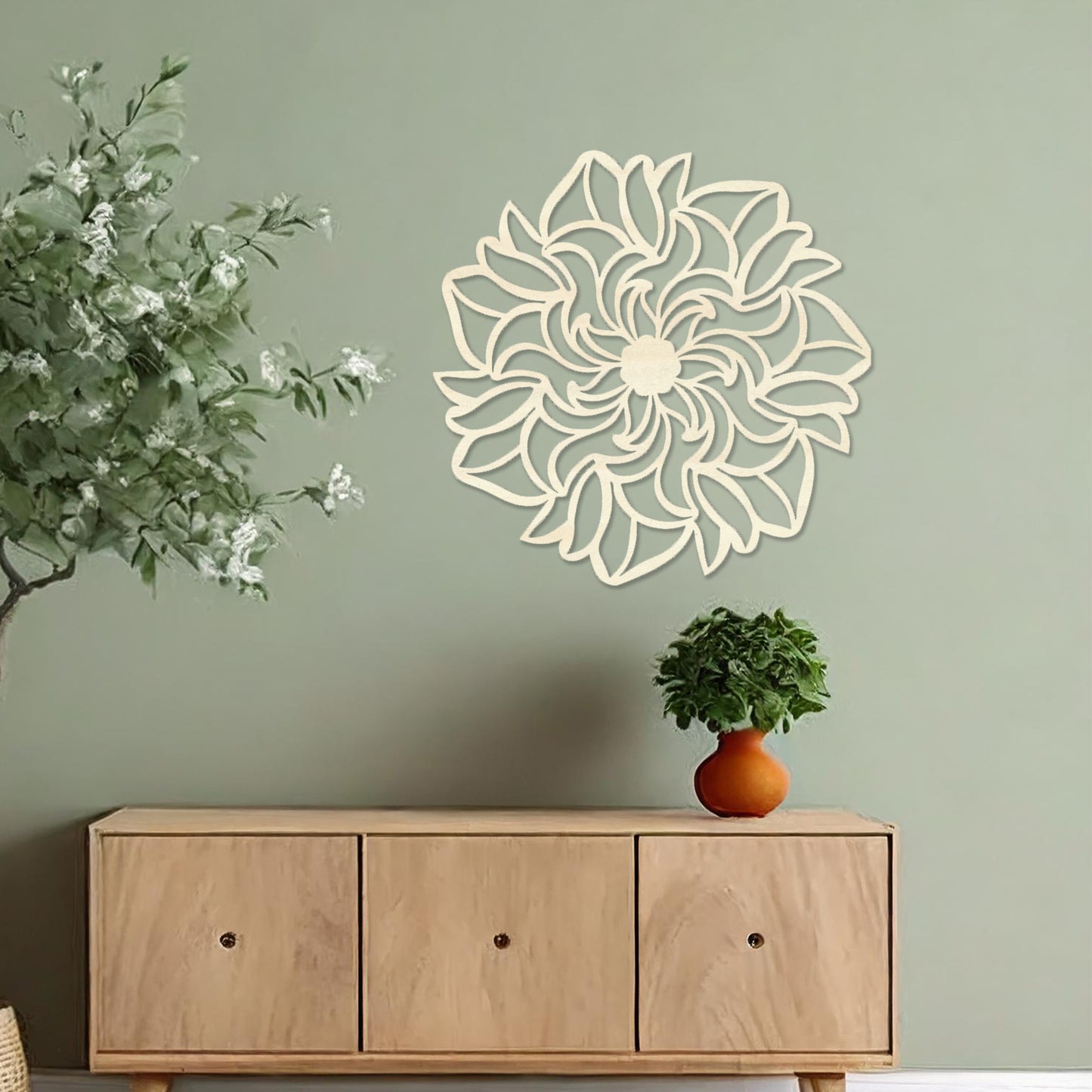 Wooden floral wall art featuring a captivating design with swirling petal patterns, crafted for a unique artistic touch. Displayed on a neutral wall within a modern room decor, this piece enhances the aesthetic of any living space.