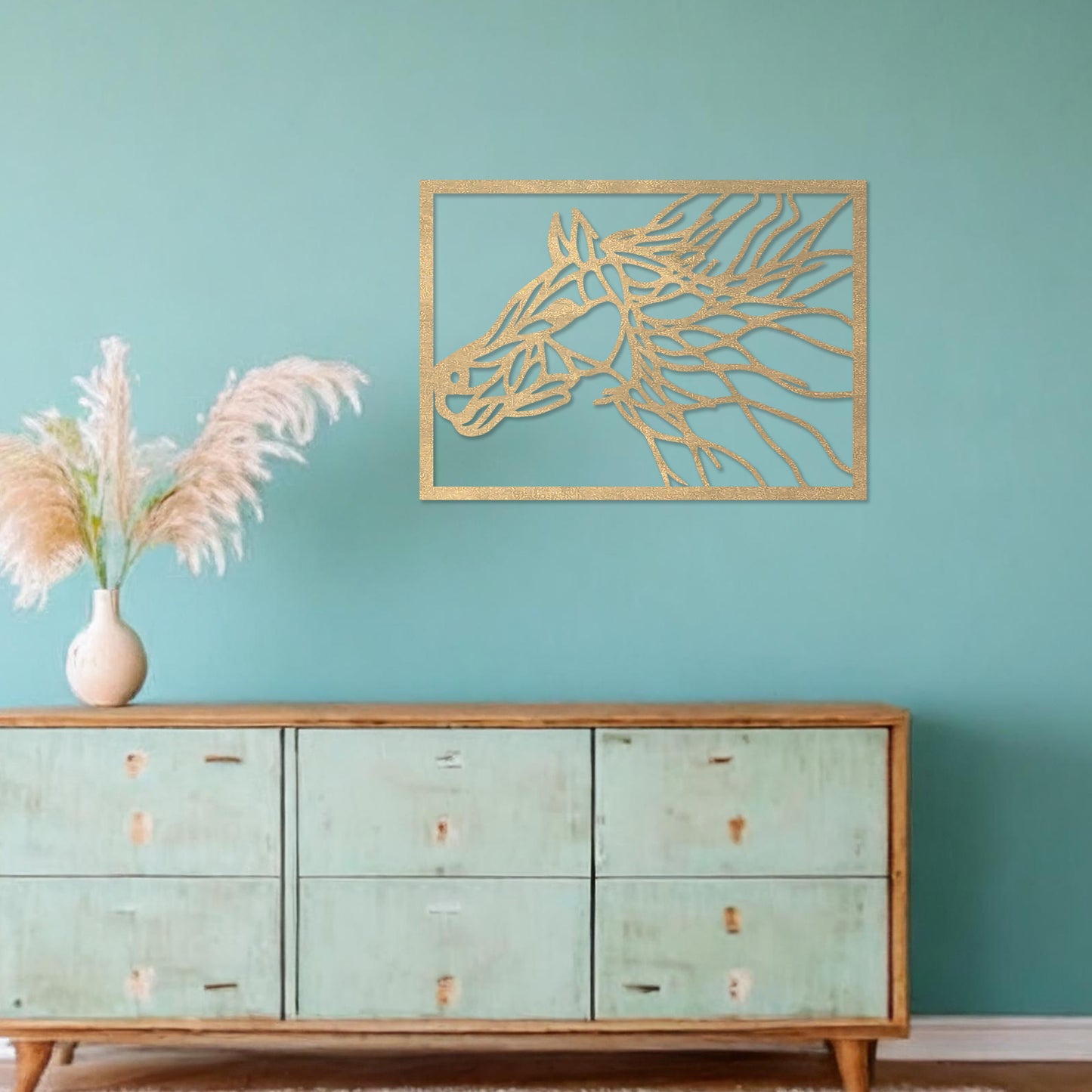 Wooden wall art featuring a dynamic horse head design with flowing lines that evoke movement and energy. Mounted on a neutral wall within a modern room decor, this captivating piece adds an artistic touch to the space.