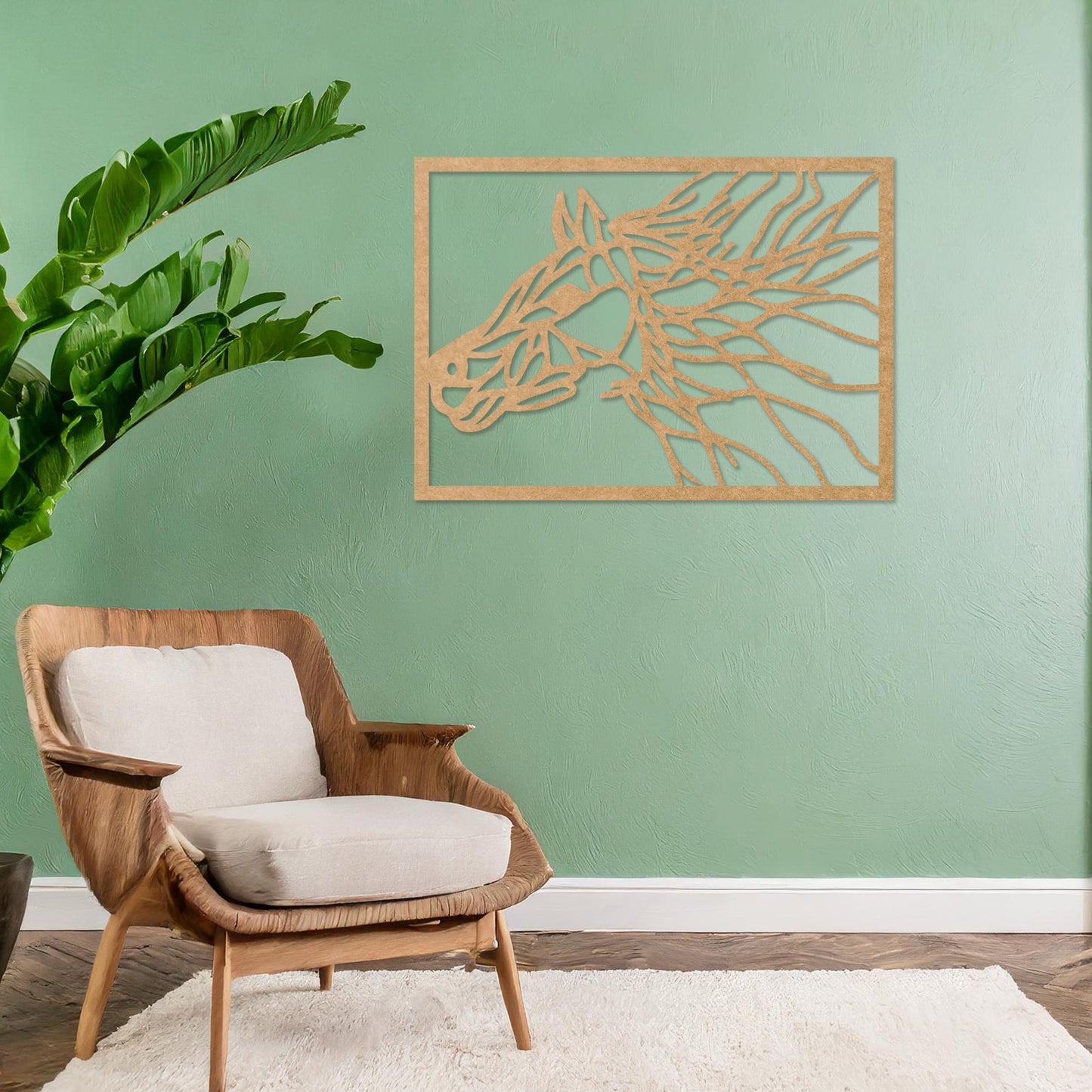 Wooden wall art featuring a dynamic horse head design with flowing lines that evoke movement and energy. Mounted on a neutral wall within a modern room decor, this captivating piece adds an artistic touch to the space.