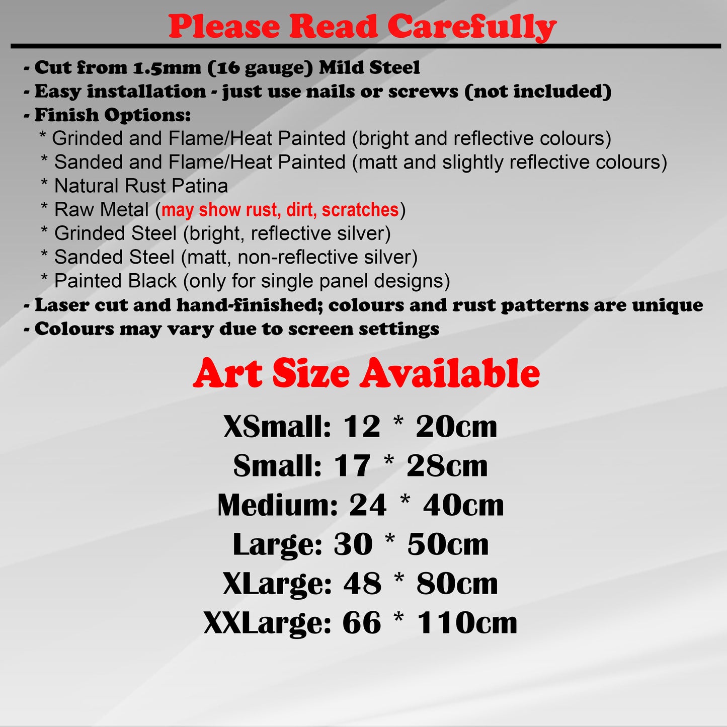 Duke Craft - Metal Garden Art Size Guide and art details, Material, finish options, fittings explained.