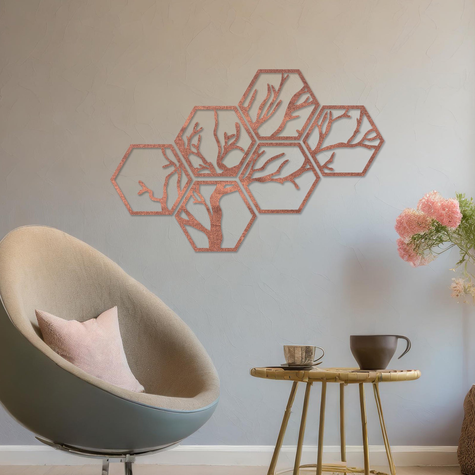 Wooden wall art showcasing a hexagonal pattern with an intricate tree branch design. Mounted on a neutral wall in a modern room decor, this geometric piece combines nature and contemporary artistry, creating a visually engaging focal point.
