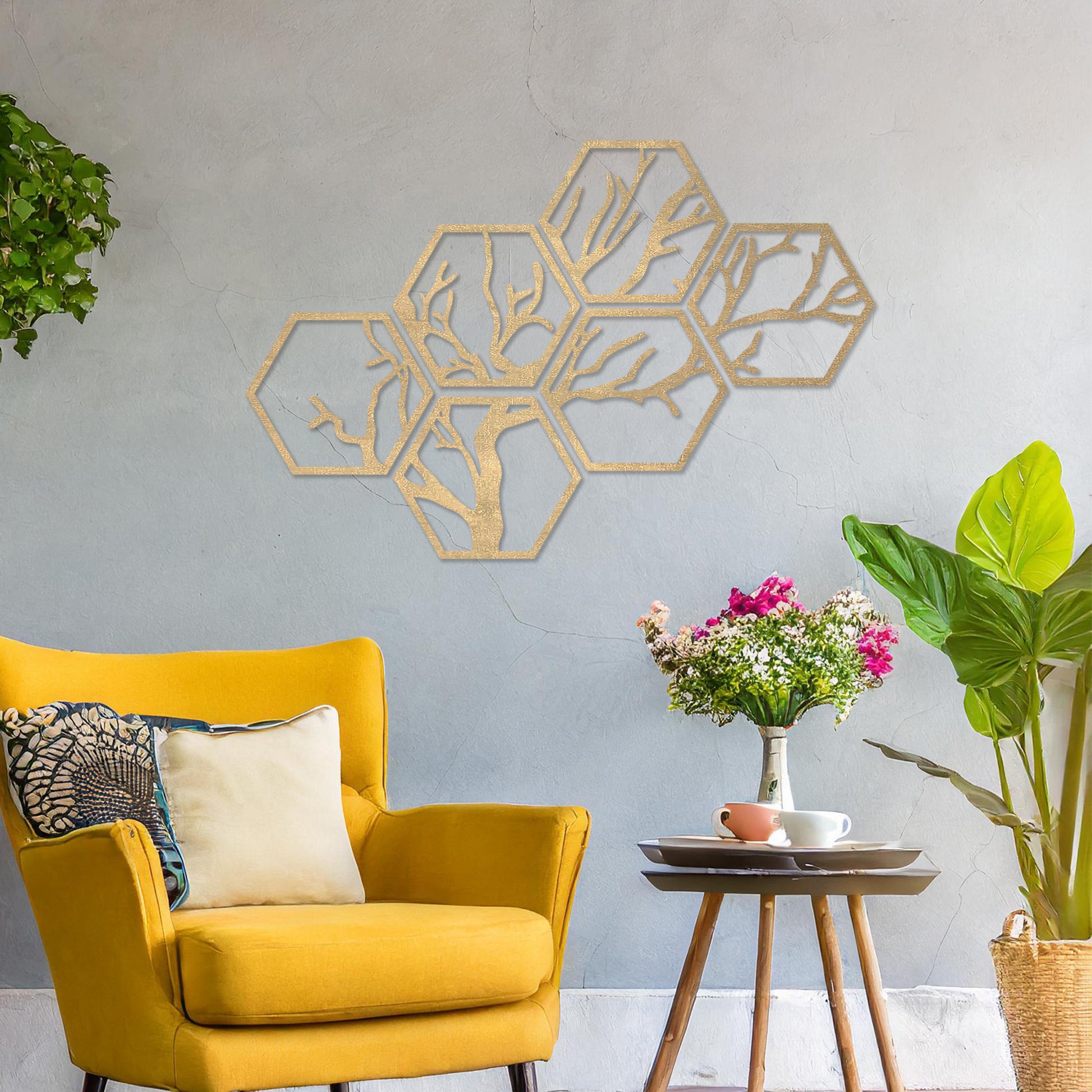 Wooden wall art showcasing a hexagonal pattern with an intricate tree branch design. Mounted on a neutral wall in a modern room decor, this geometric piece combines nature and contemporary artistry, creating a visually engaging focal point.