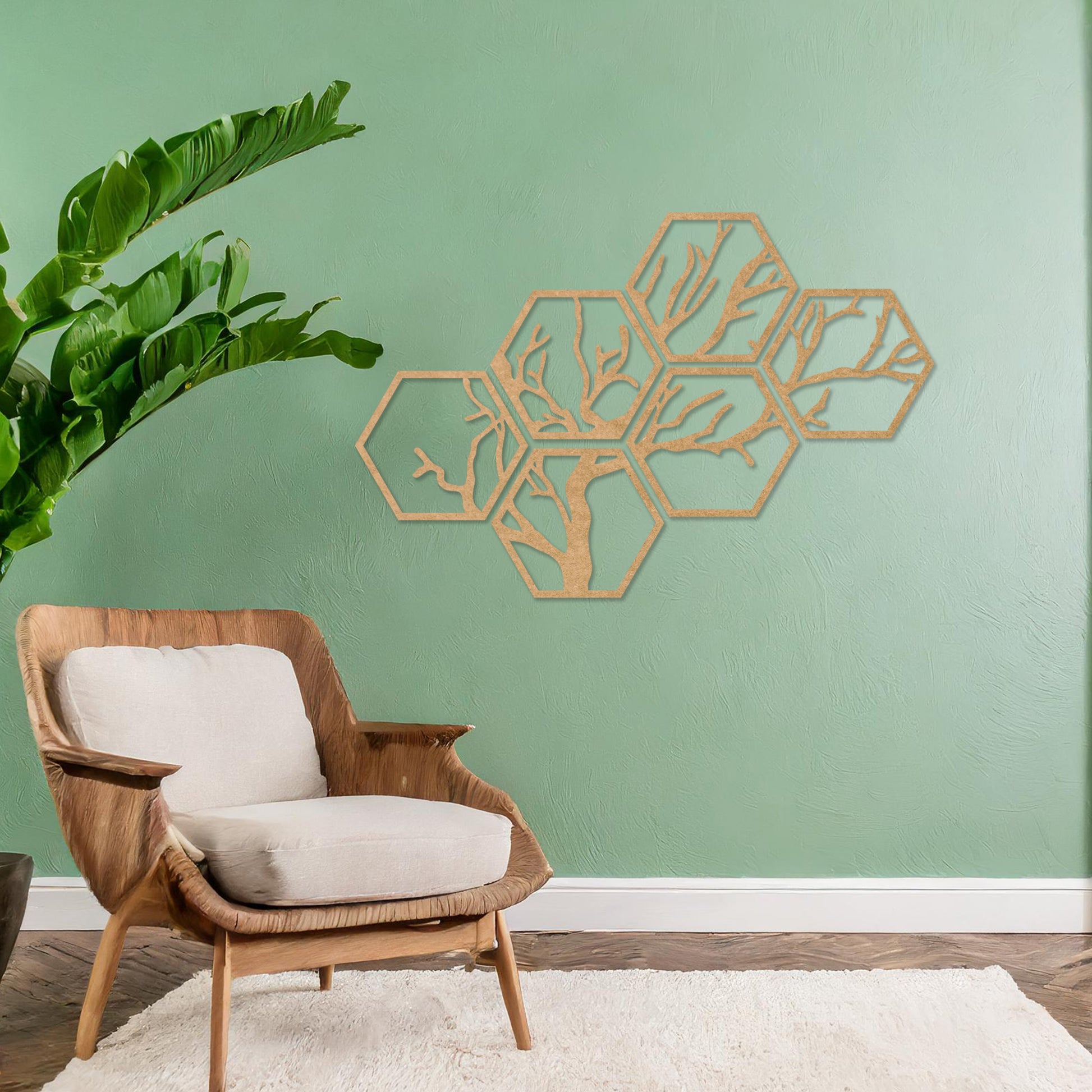 Wooden wall art showcasing a hexagonal pattern with an intricate tree branch design. Mounted on a neutral wall in a modern room decor, this geometric piece combines nature and contemporary artistry, creating a visually engaging focal point.
