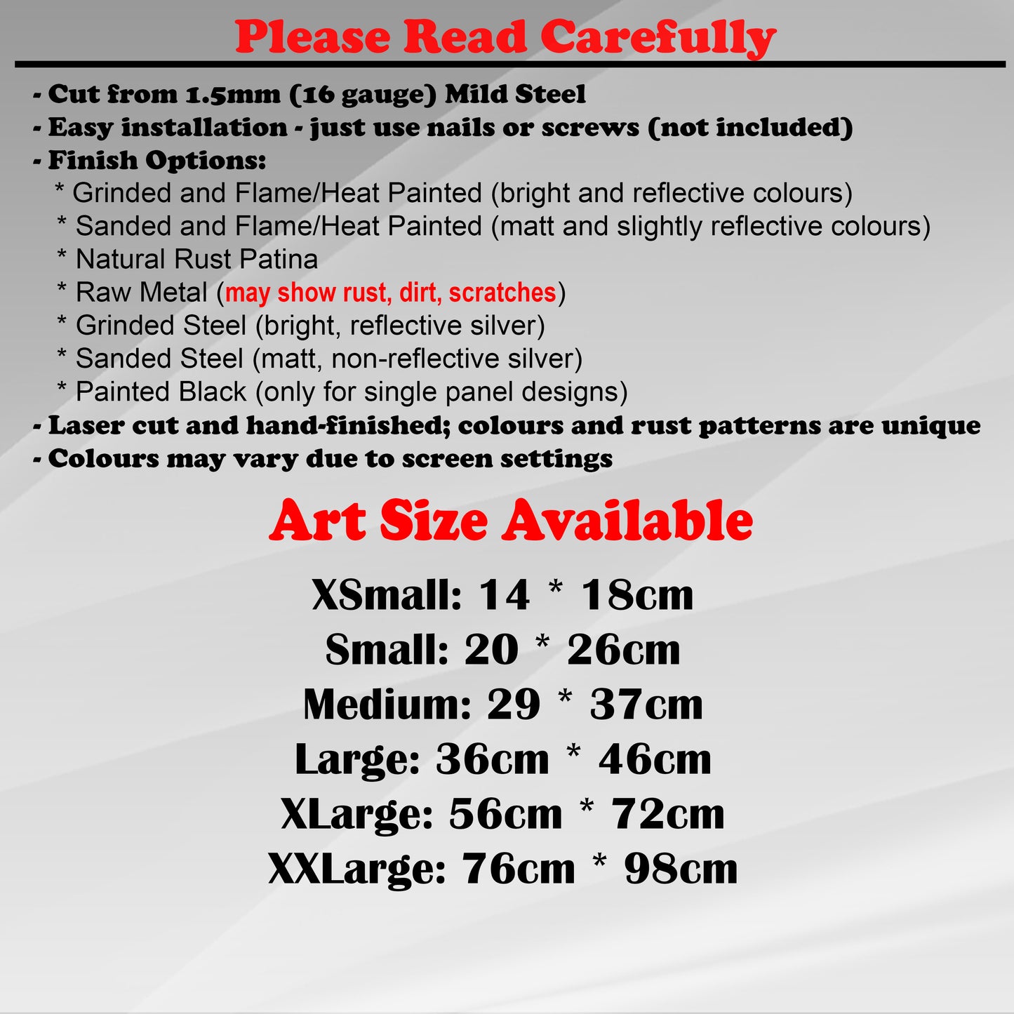 Duke Craft - Metal Garden Art Size Guide and art details, Material, finish options, fittings explained.