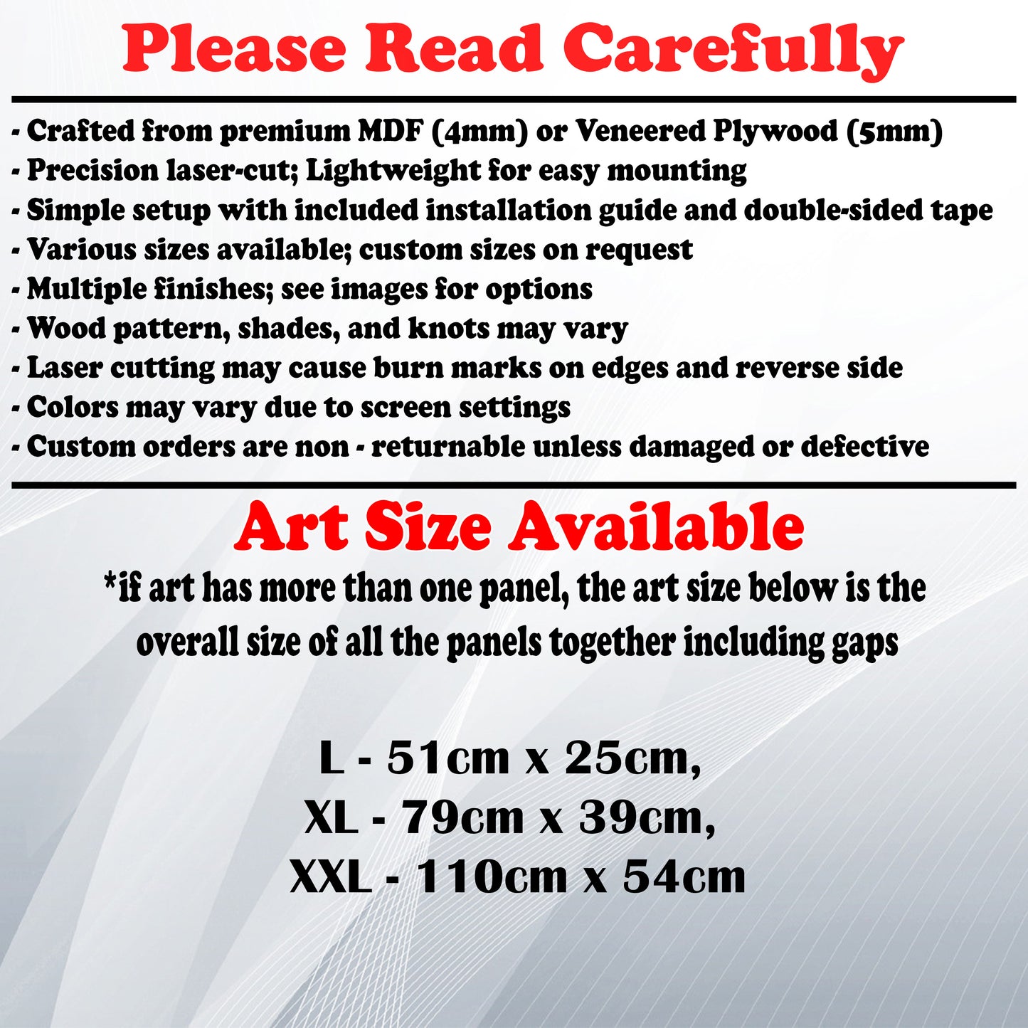 Wooden Art Size Guide and art details, Material, finish options, fittings.