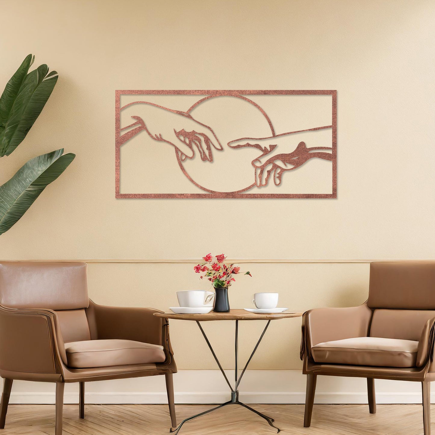 Wooden wall art featuring a minimalist depiction of two hands reaching out towards each other, framed by a circular design. Mounted on a neutral wall within modern room decor, this piece adds an artistic and meaningful touch to any space.