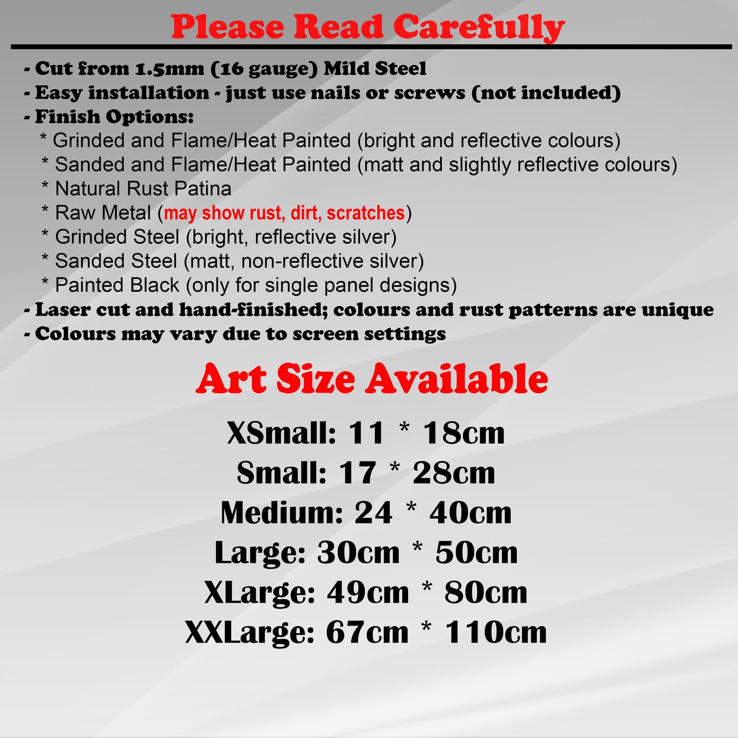 Duke Craft - Metal Garden Art Size Guide and art details, Material, finish options, fittings explained.