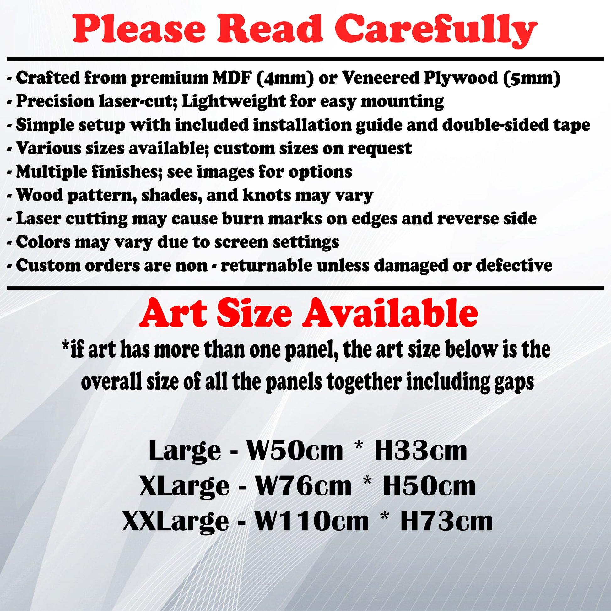 Wooden Art Size Guide and art details, Material, finish options, fittings.