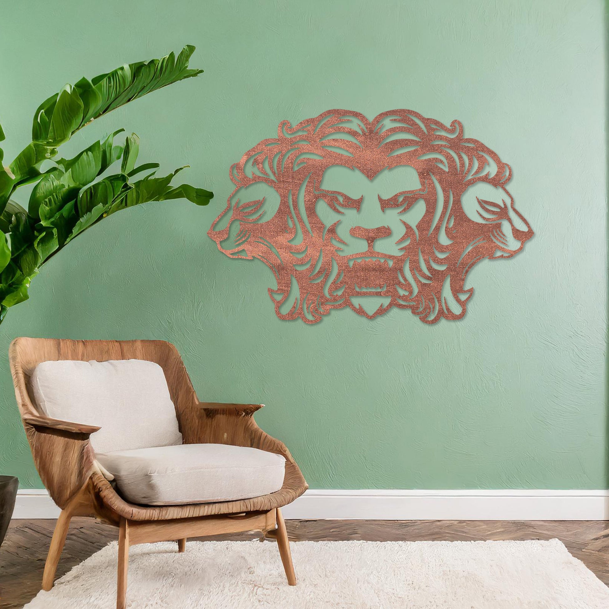 Wooden wall art featuring a striking design of three lions, with the central lion in a roaring pose and the two side profiles showcasing graceful expressions. Mounted on a neutral wall within modern decor, this piece adds a bold and regal statement to the room.