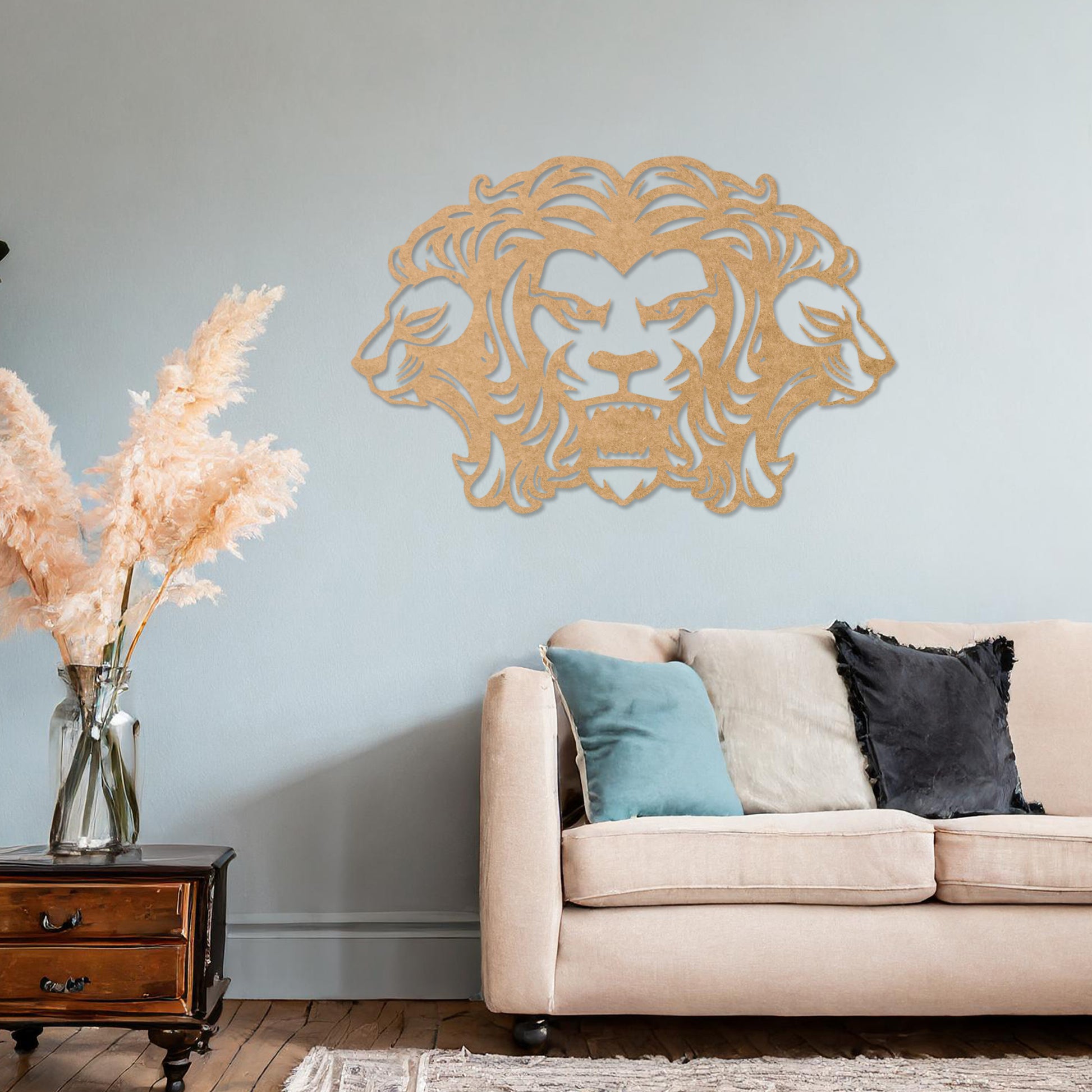 Wooden wall art featuring a striking design of three lions, with the central lion in a roaring pose and the two side profiles showcasing graceful expressions. Mounted on a neutral wall within modern decor, this piece adds a bold and regal statement to the room.