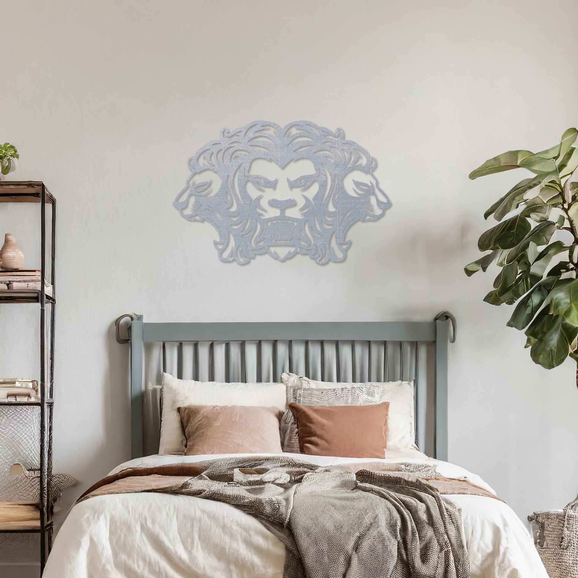 Wooden wall art featuring a striking design of three lions, with the central lion in a roaring pose and the two side profiles showcasing graceful expressions. Mounted on a neutral wall within modern decor, this piece adds a bold and regal statement to the room.