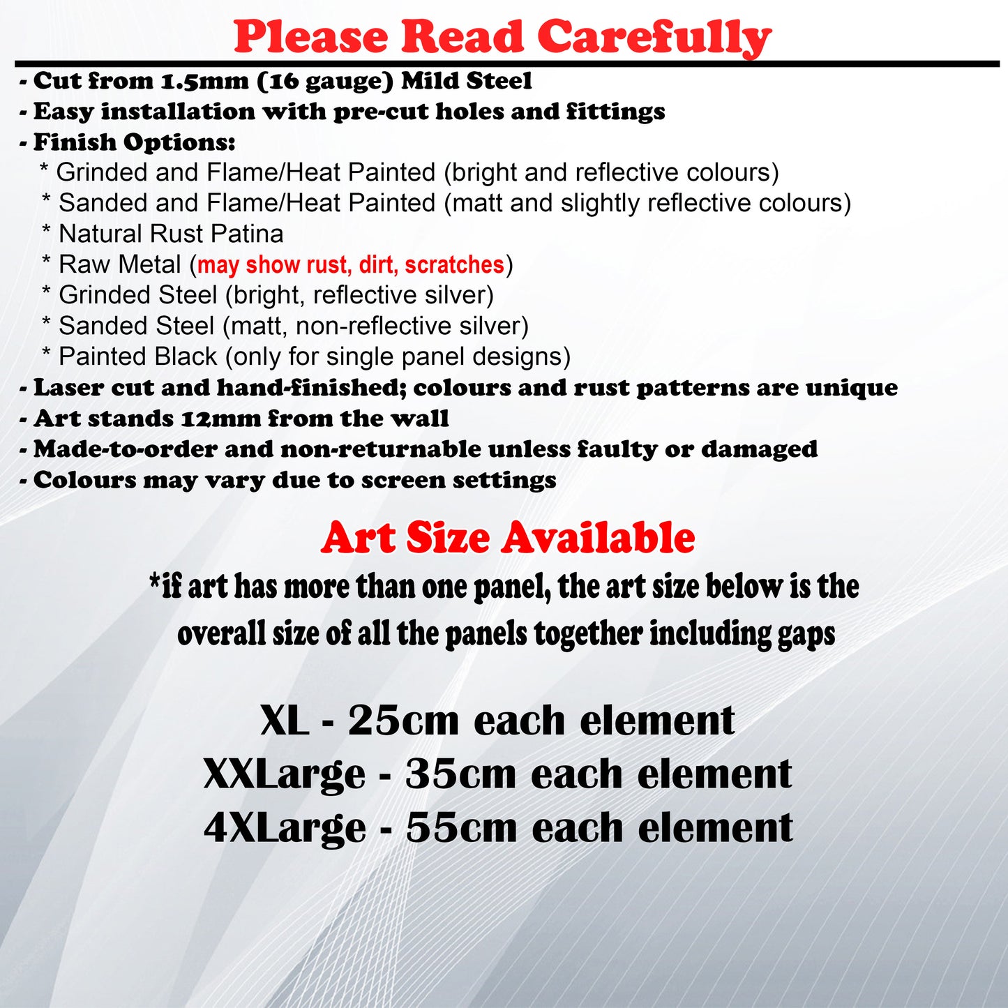 Metal Art Size Guide and art details like Material, finish options, fittings