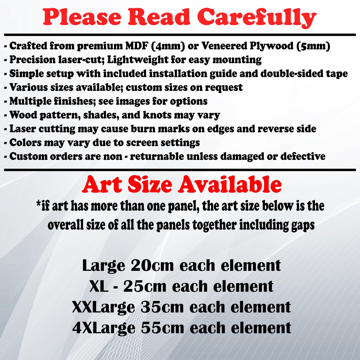 Wooden Art Size Guide and art details, Material, finish options, fittings.