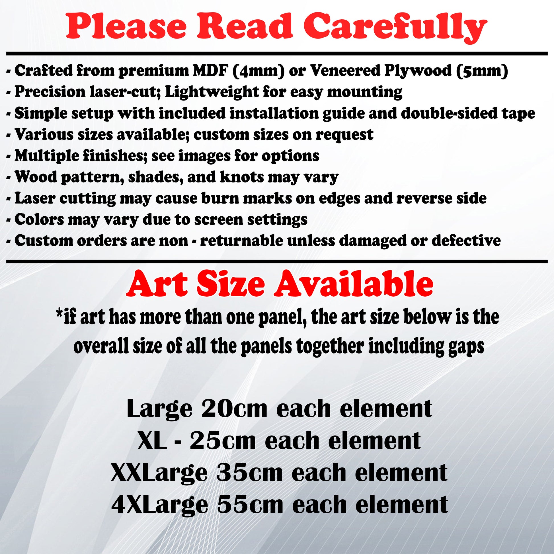 Wooden Art Size Guide and art details, Material, finish options, fittings.