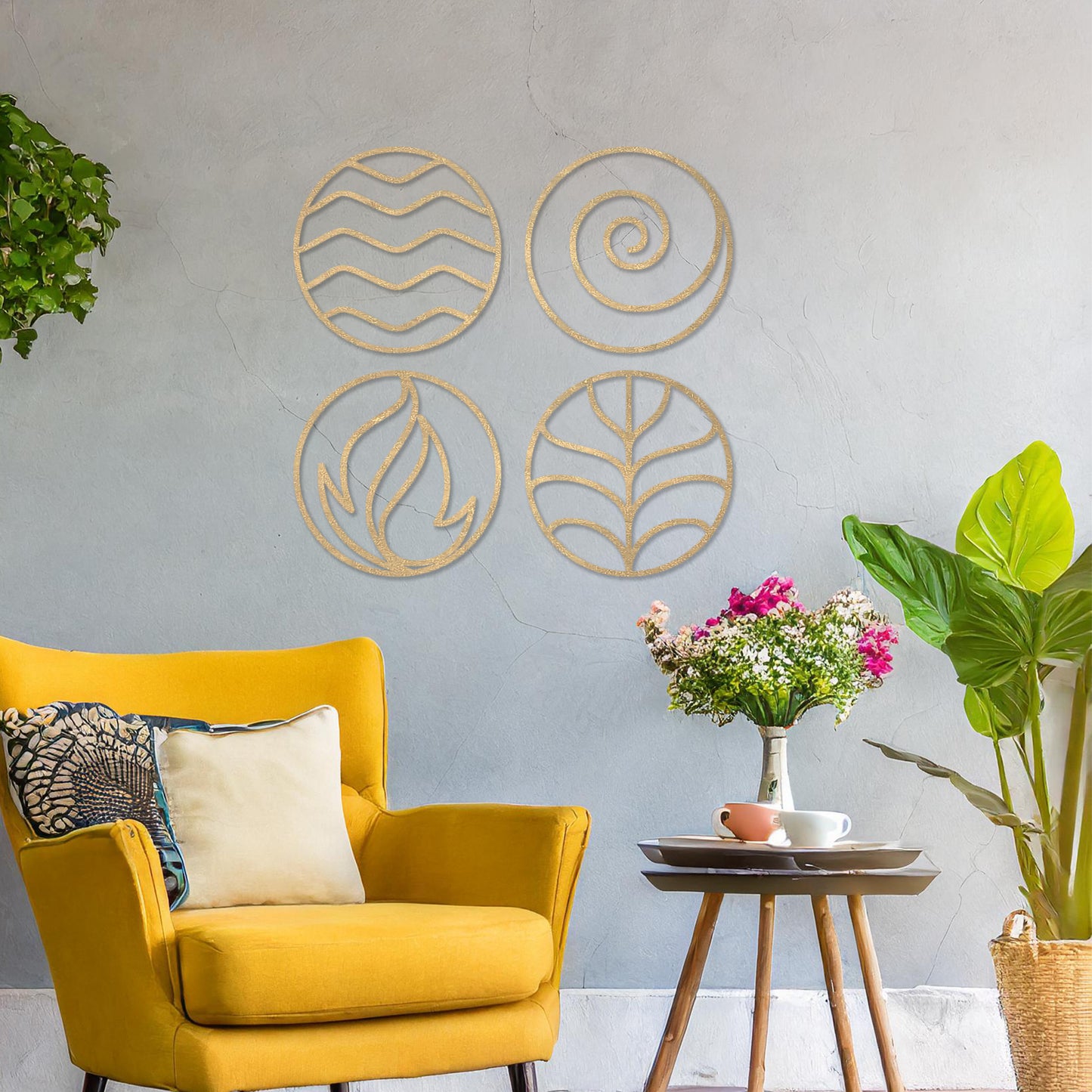 Wooden wall art set featuring four circular designs symbolising natural elements: waves for water, a spiral for air, flames for fire, and leaves for earth. Mounted on a neutral wall within modern decor, these minimalist designs evoke balance and harmony.