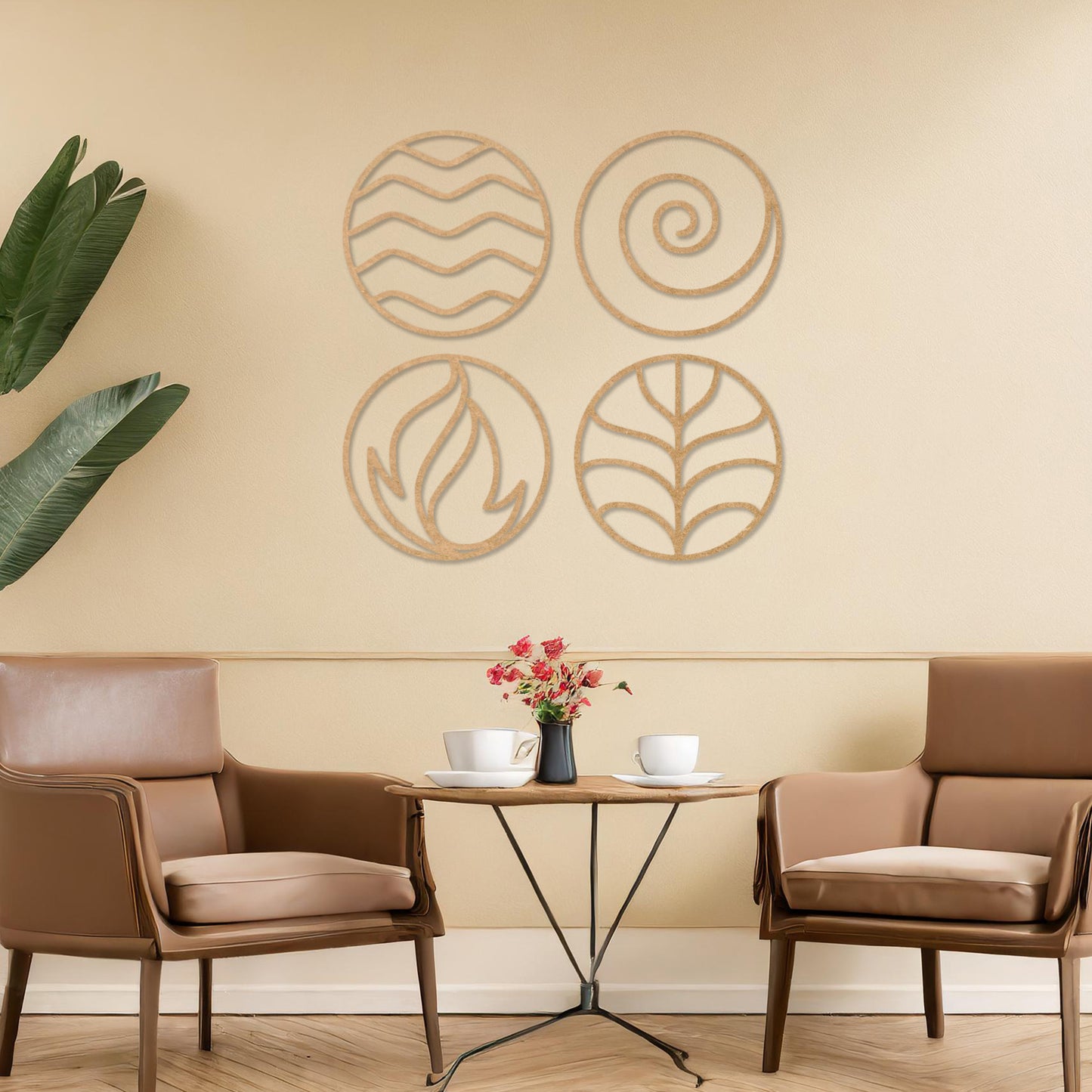 Wooden wall art set featuring four circular designs symbolising natural elements: waves for water, a spiral for air, flames for fire, and leaves for earth. Mounted on a neutral wall within modern decor, these minimalist designs evoke balance and harmony.