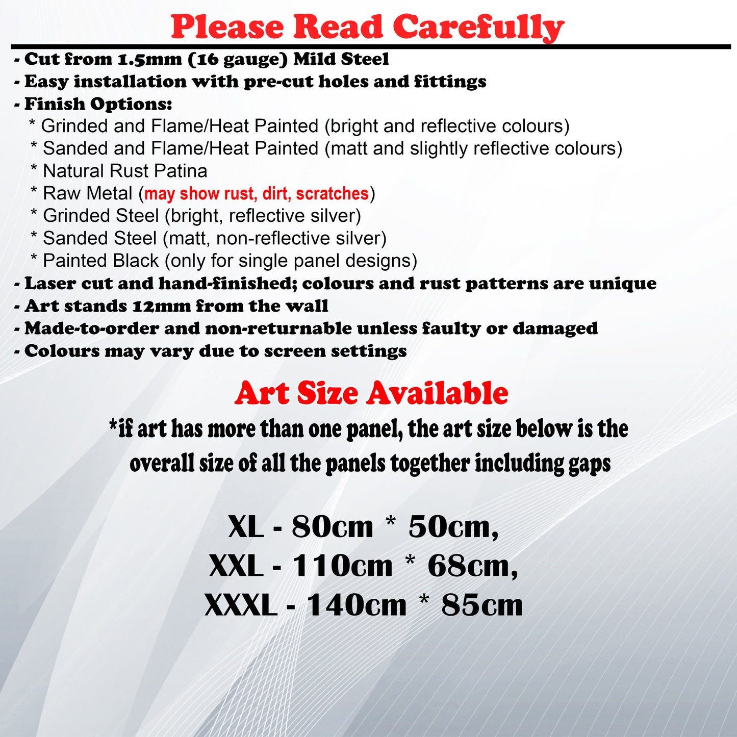 Metal Art Size Guide and art details like Material, finish options, fittings
