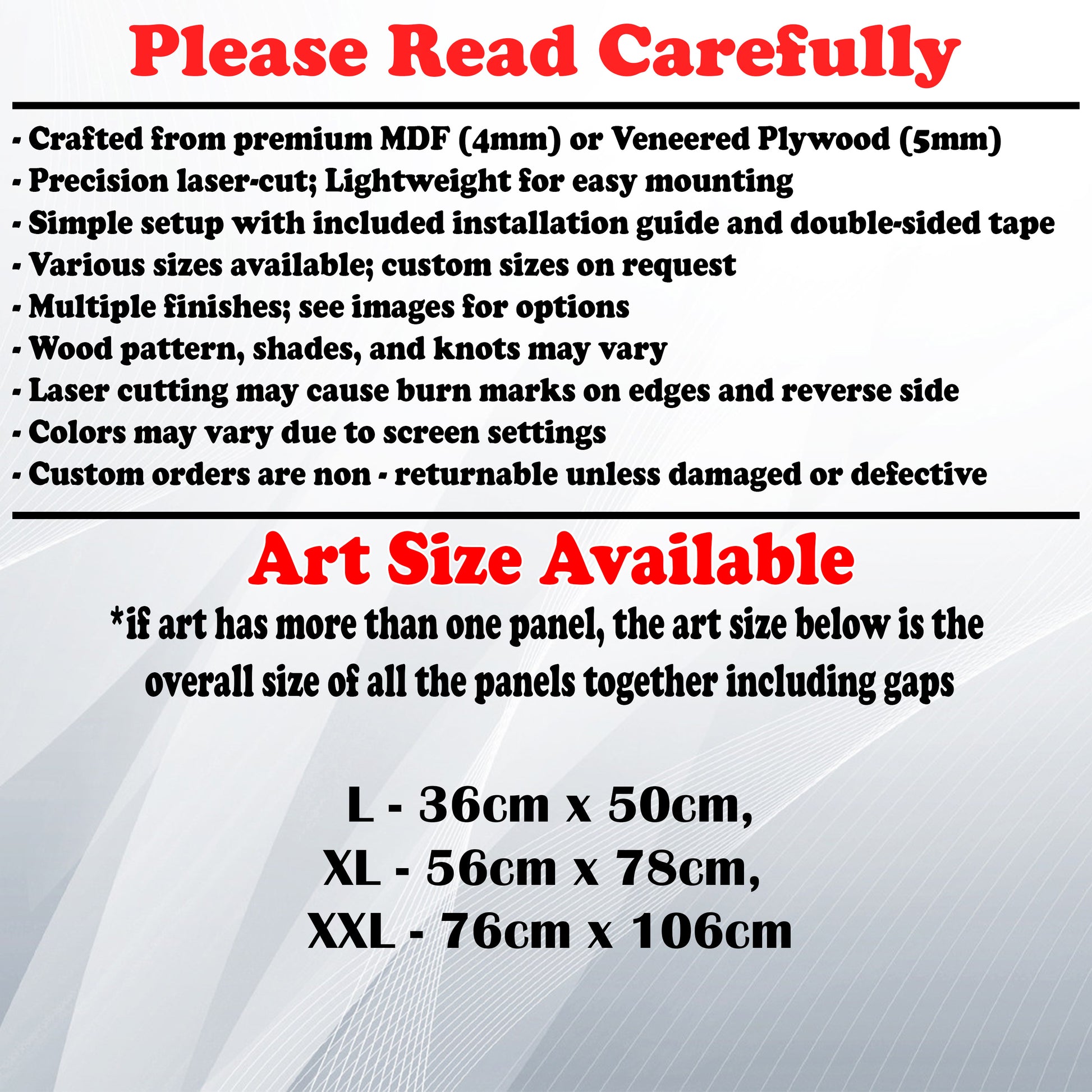 Wooden Art Size Guide and art details, Material, finish options, fittings.