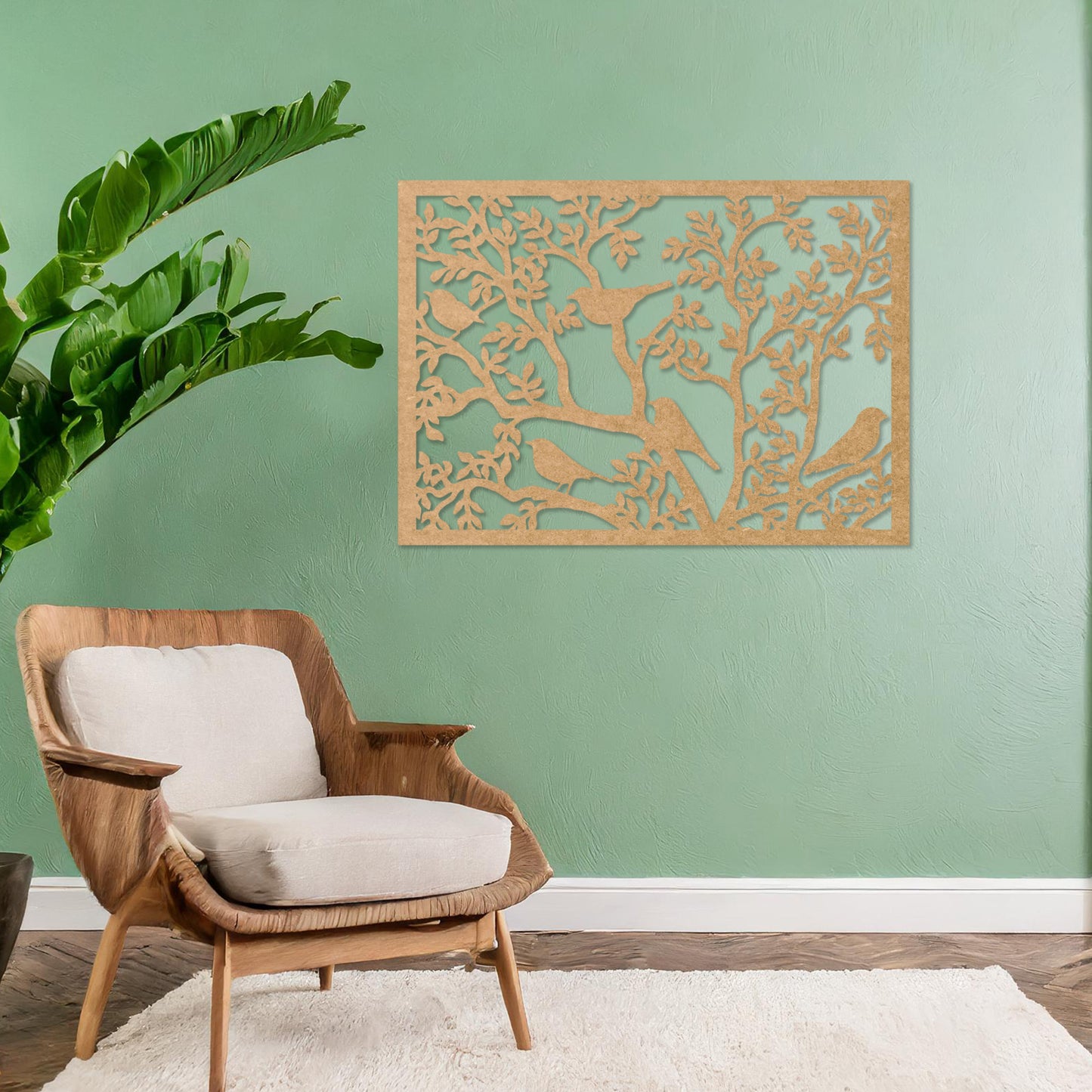 Wooden wall art showcasing a detailed scene of birds perched on intricately designed tree branches. The design highlights nature's charm, placed on a neutral wall within modern room decor, creating an inviting and tranquil atmosphere.