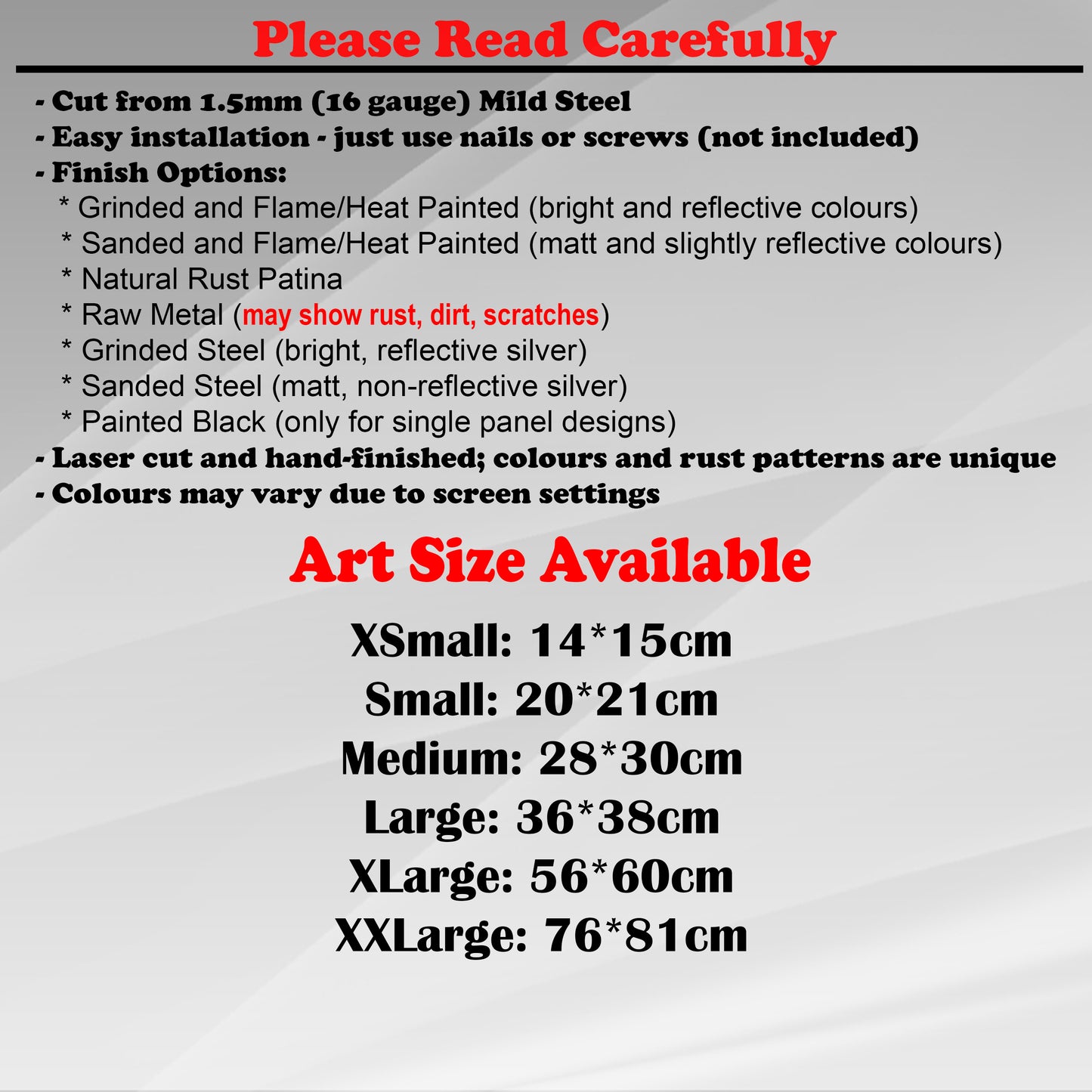 Duke Craft - Metal Garden Art Size Guide and art details, Material, finish options, fittings explained.