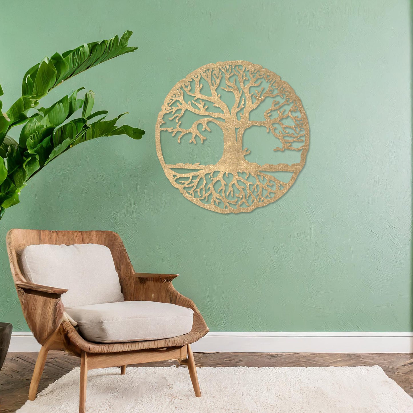 Round wooden wall art featuring an intricate tree design with sprawling branches and roots, symbolising connection and growth. Placed on a neutral wall in a modern room decor, this piece exudes a harmonious and earthy charm.
