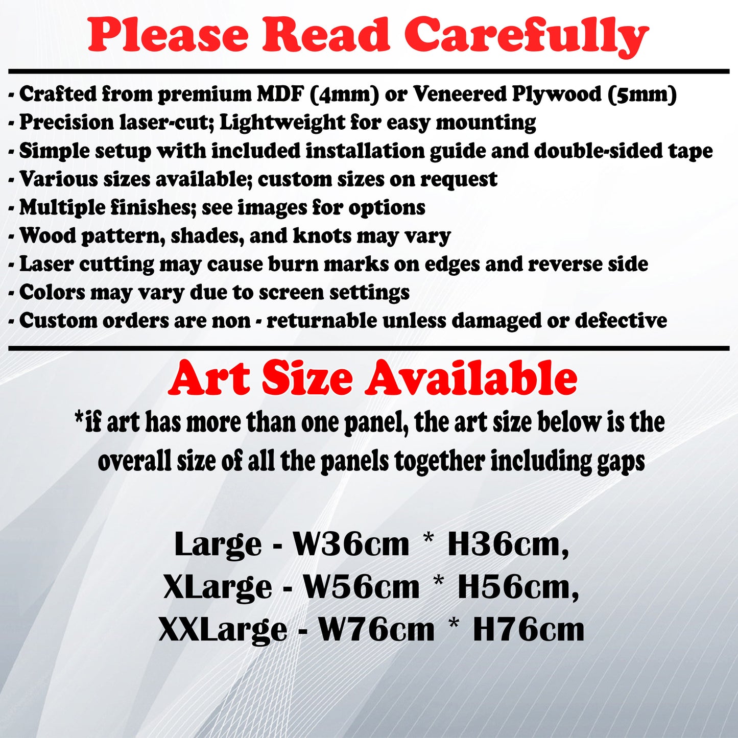 Wooden Art Size Guide and art details, Material, finish options, fittings.