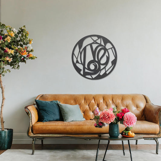 Round wooden wall art featuring an abstract geometric pattern centred around a bold, artistic swirl. Placed on a neutral wall in a modern room decor, this piece adds a touch of contemporary elegance to the setting.