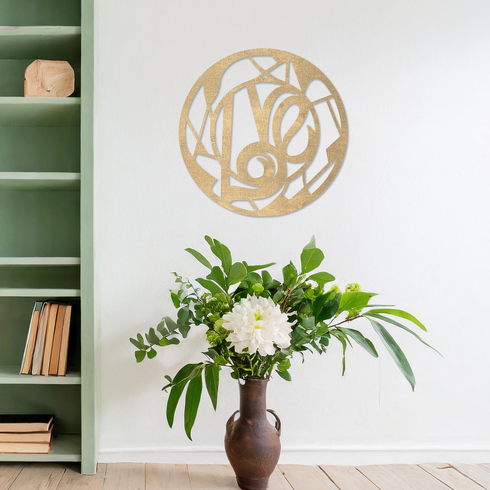 Round wooden wall art featuring an abstract geometric pattern centred around a bold, artistic swirl. Placed on a neutral wall in a modern room decor, this piece adds a touch of contemporary elegance to the setting.