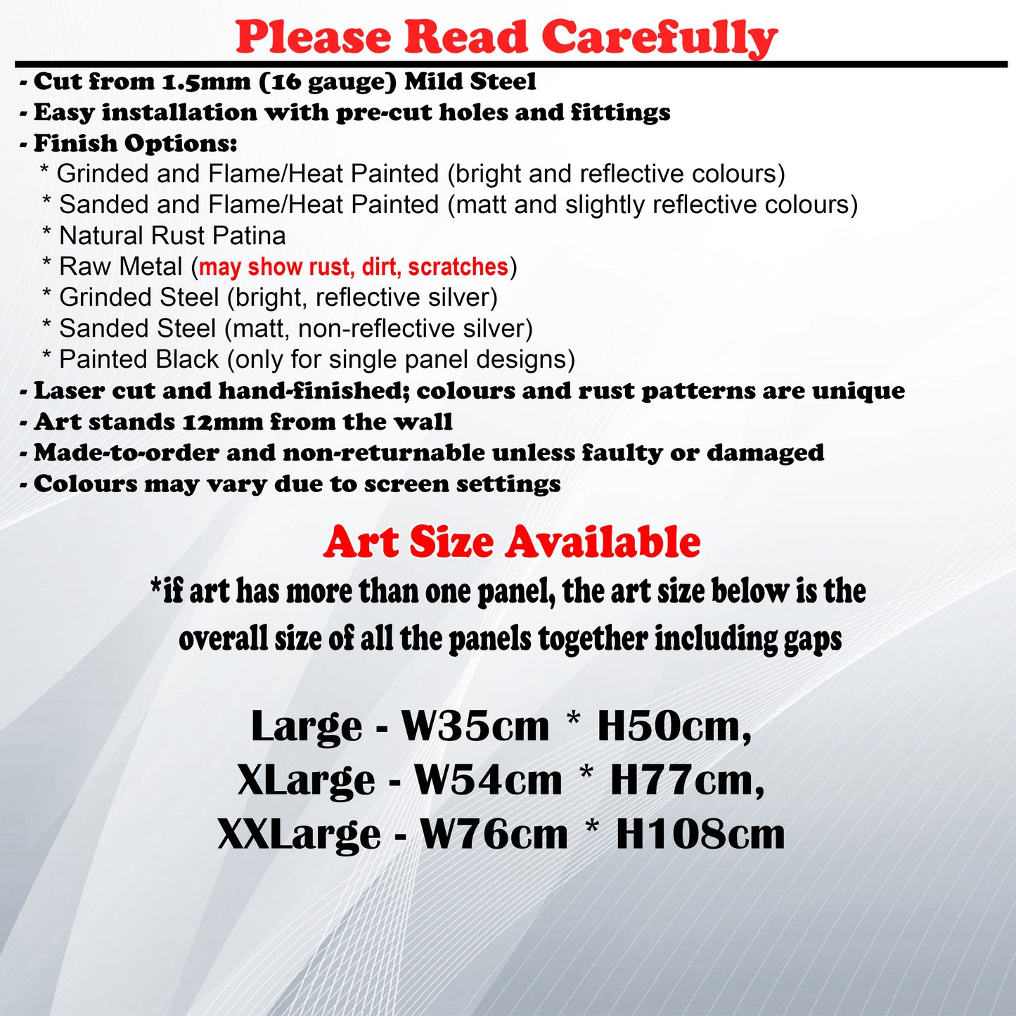 Metal Art Size Guide and art details like Material, finish options, fittings