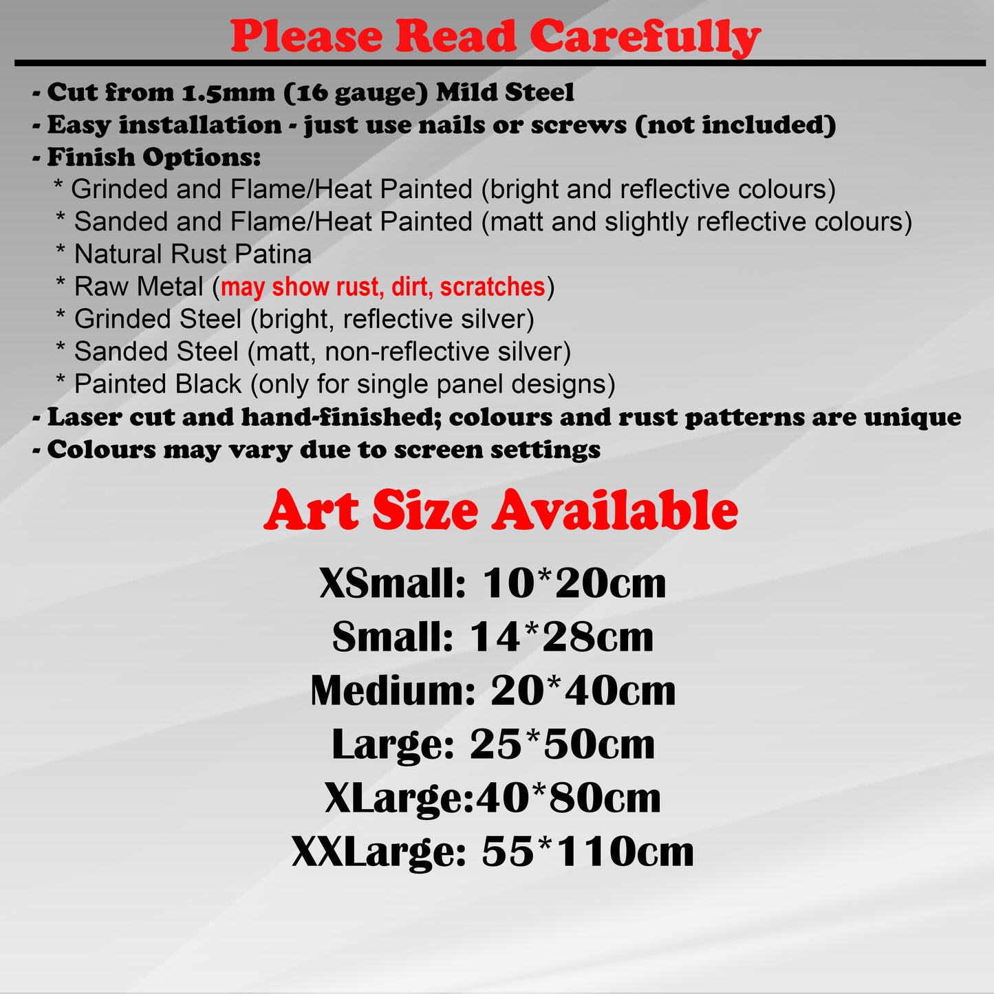 Duke Craft - Metal Garden Art Size Guide and art details, Material, finish options, fittings explained.