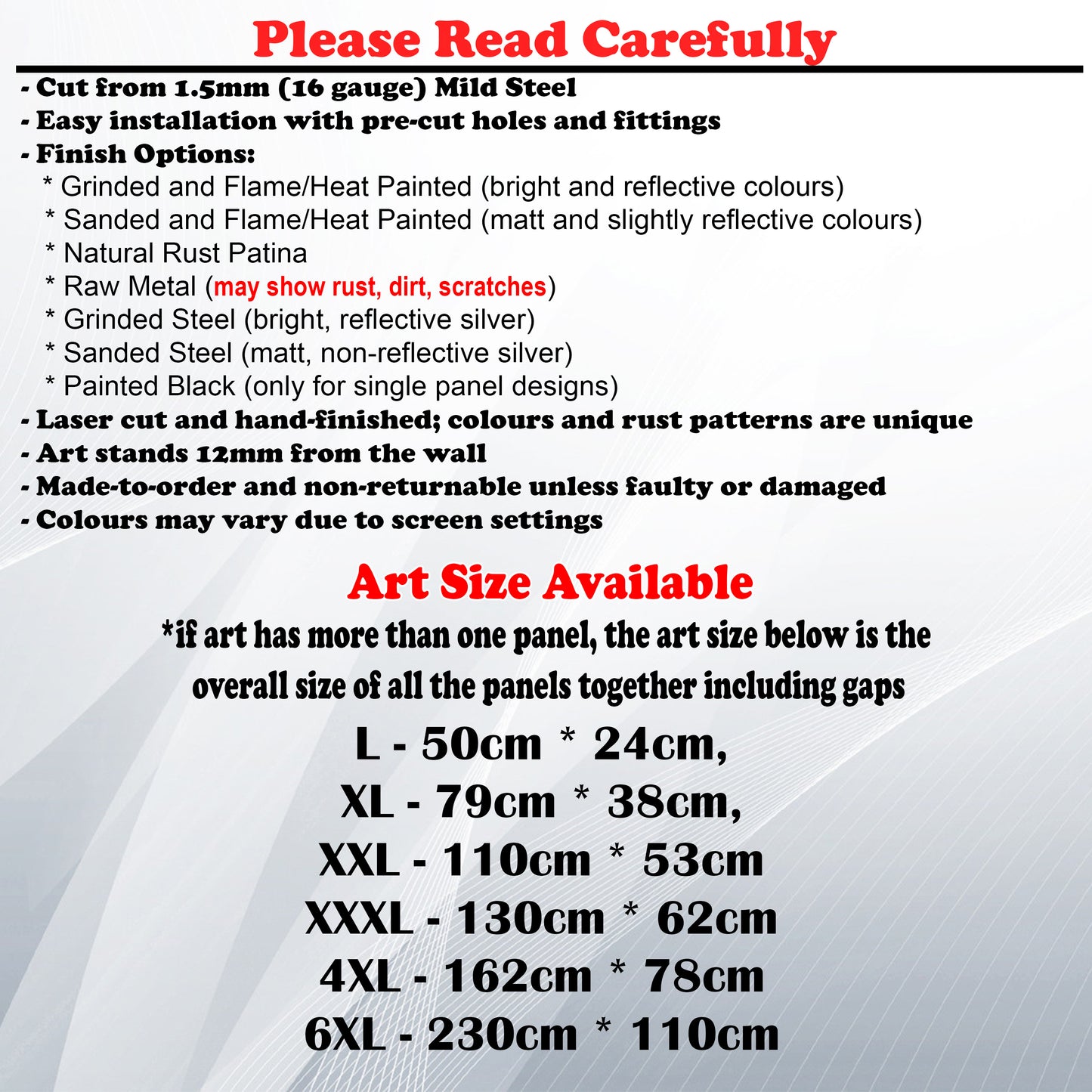Metal Art Size Guide and art details like Material, finish options, fittings