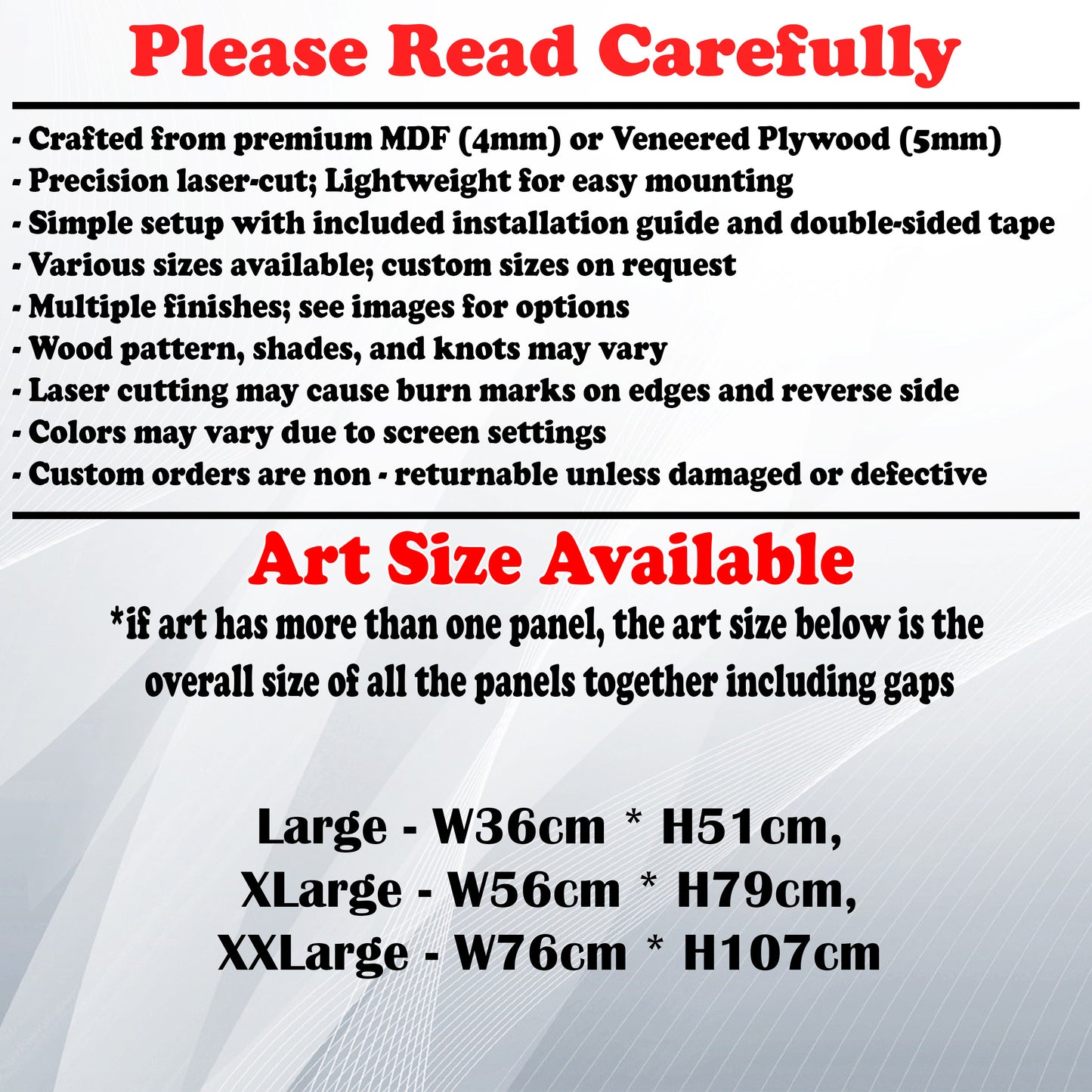 Wooden Art Size Guide and art details, Material, finish options, fittings.