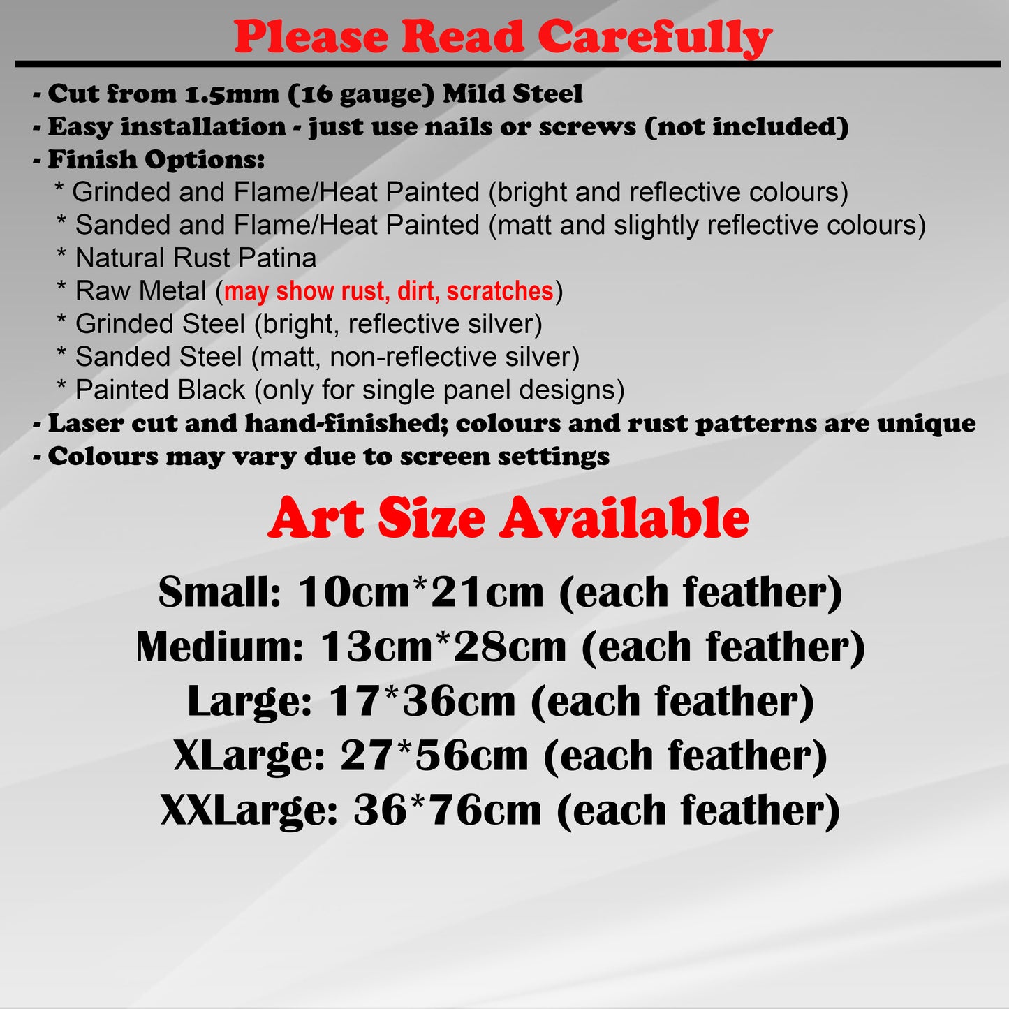 Duke Craft - Metal Garden Art Size Guide and art details, Material, finish options, fittings explained.