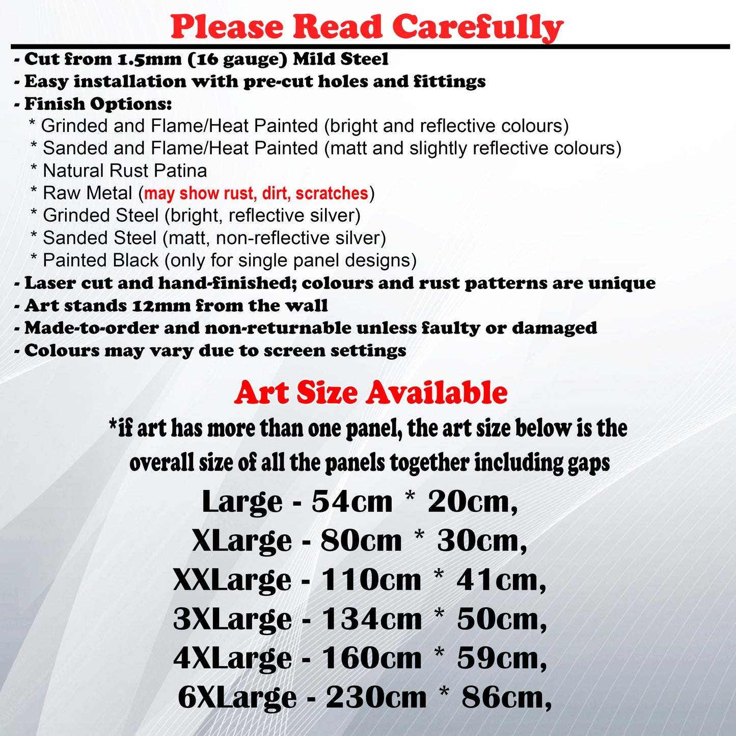 Metal Art Size Guide and art details like Material, finish options, fittings