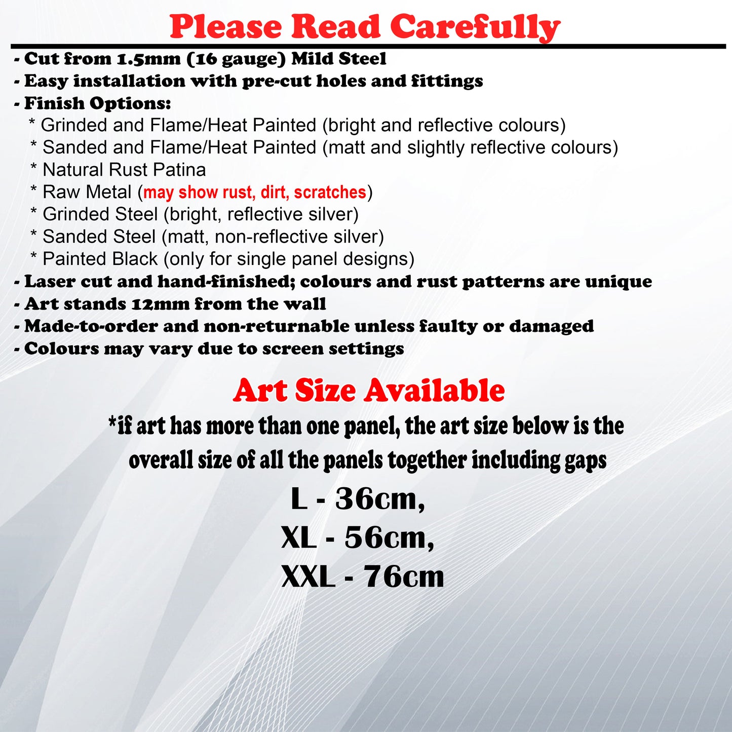 Metal Art Size Guide and art details like Material, finish options, fittings