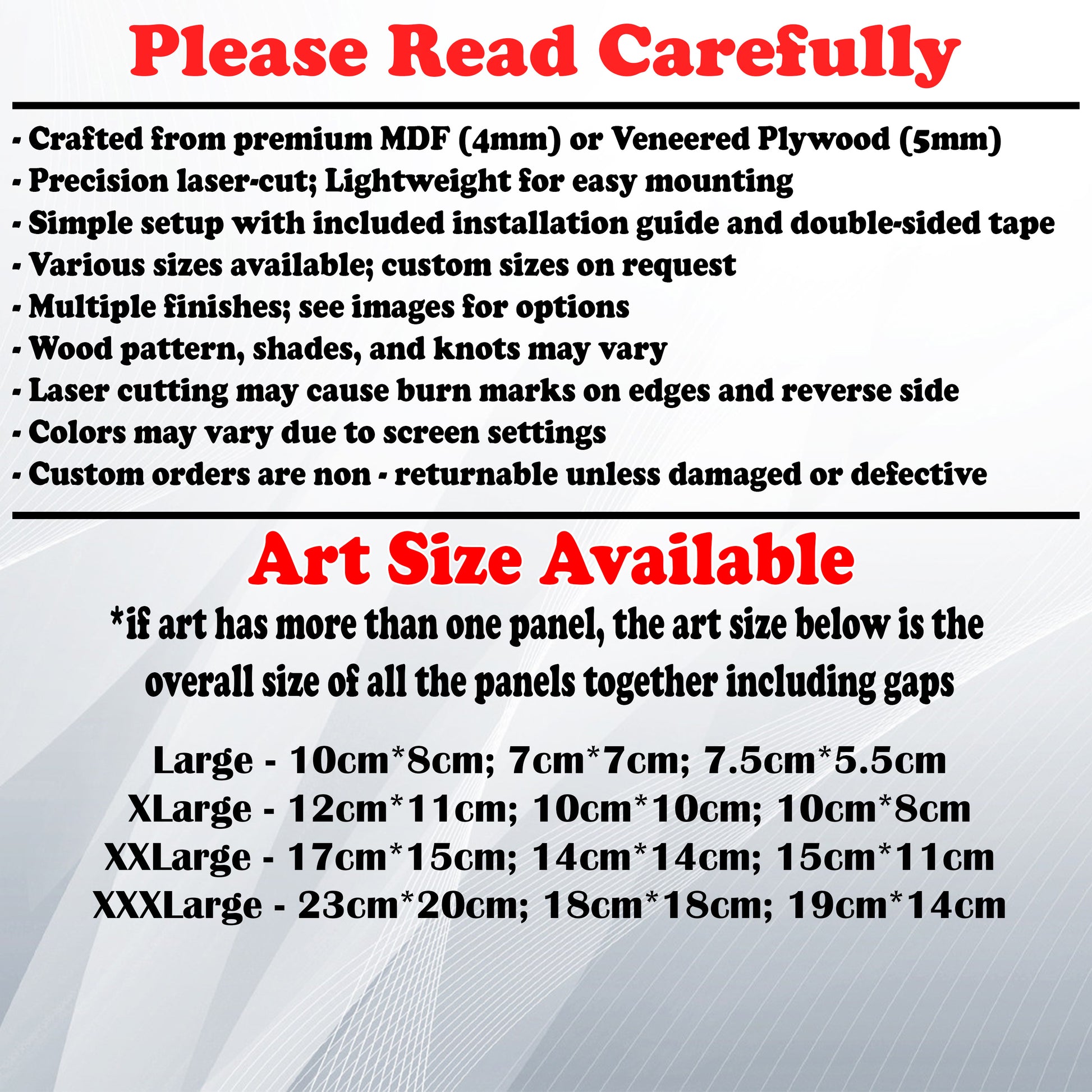 Wooden Art Size Guide and art details, Material, finish options, fittings.