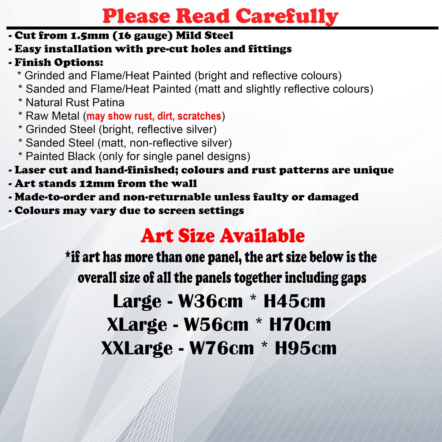 Metal Art Size Guide and art details like Material, finish options, fittings