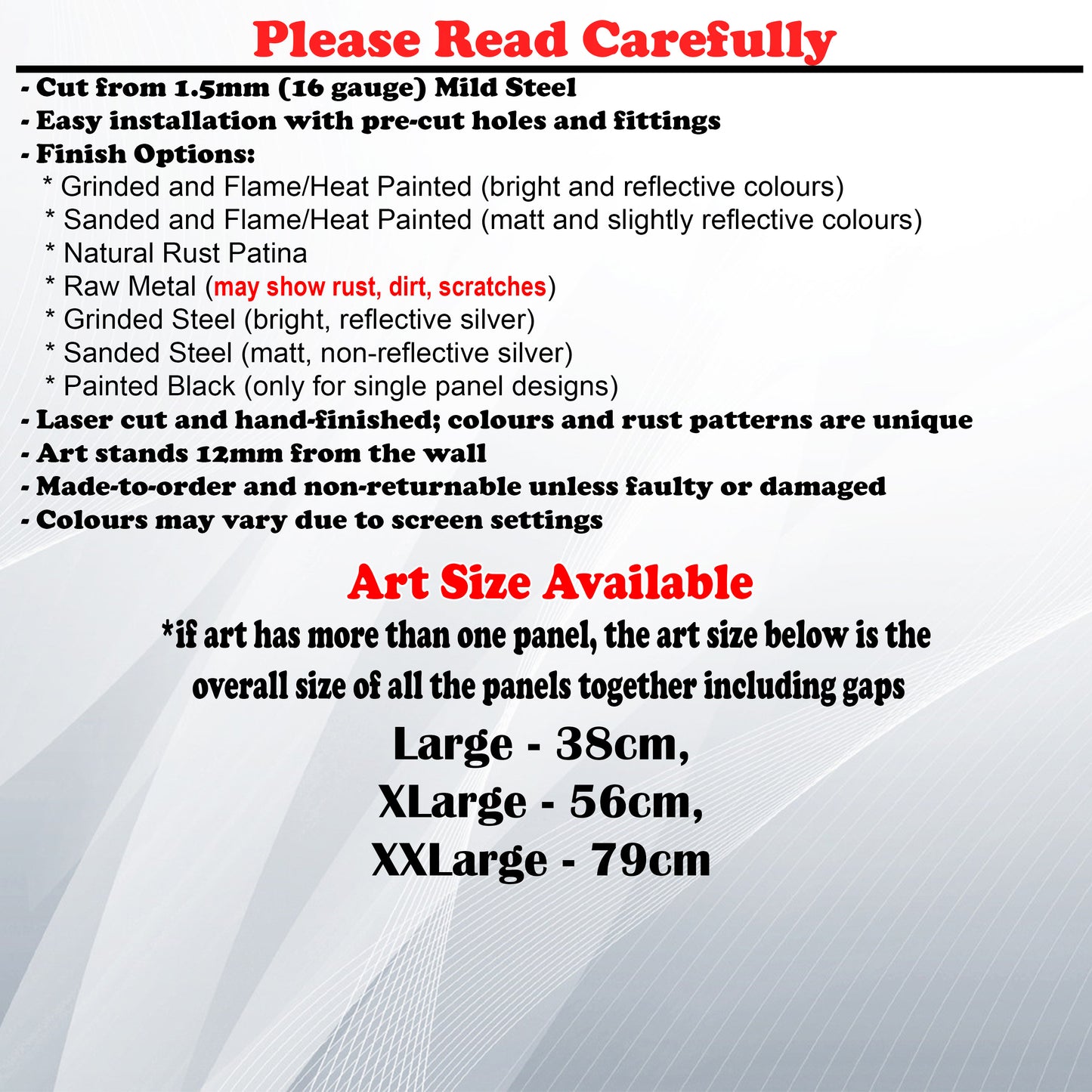 Metal Art Size Guide and art details like Material, finish options, fittings