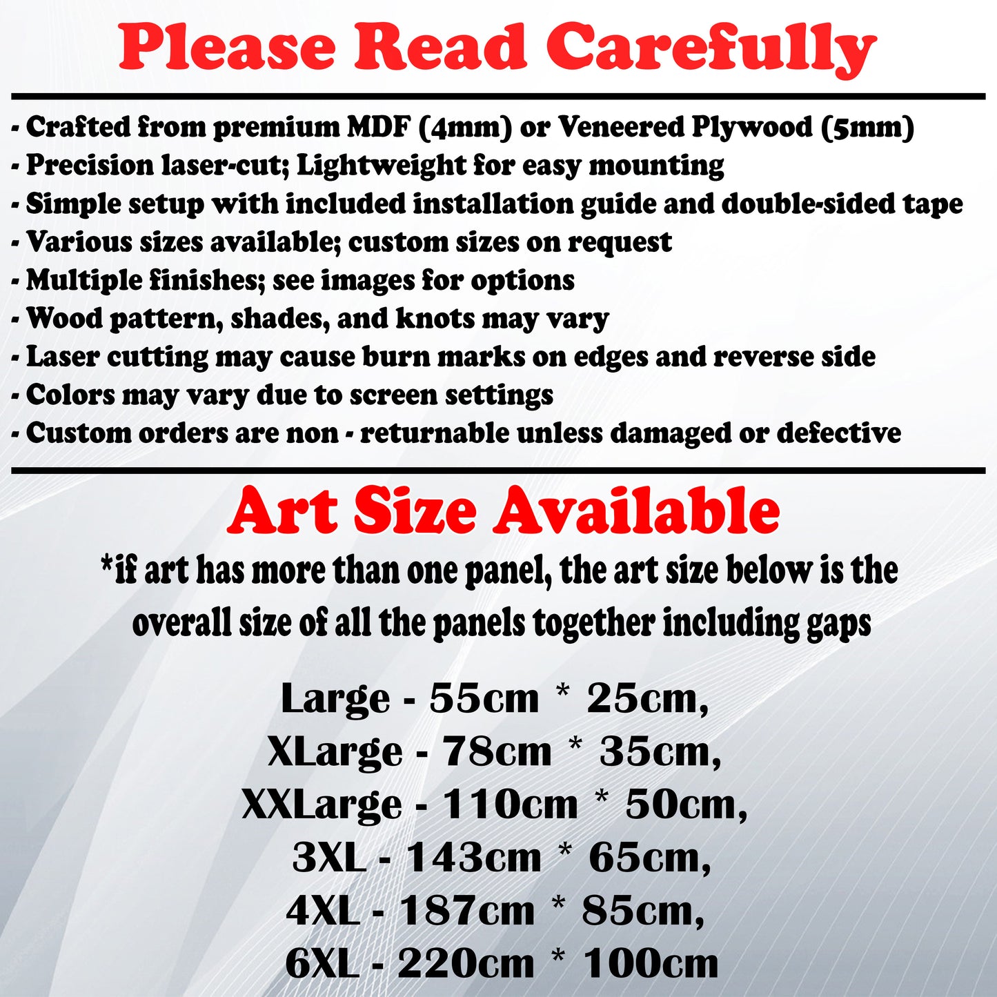 Wooden Art Size Guide and art details, Material, finish options, fittings.