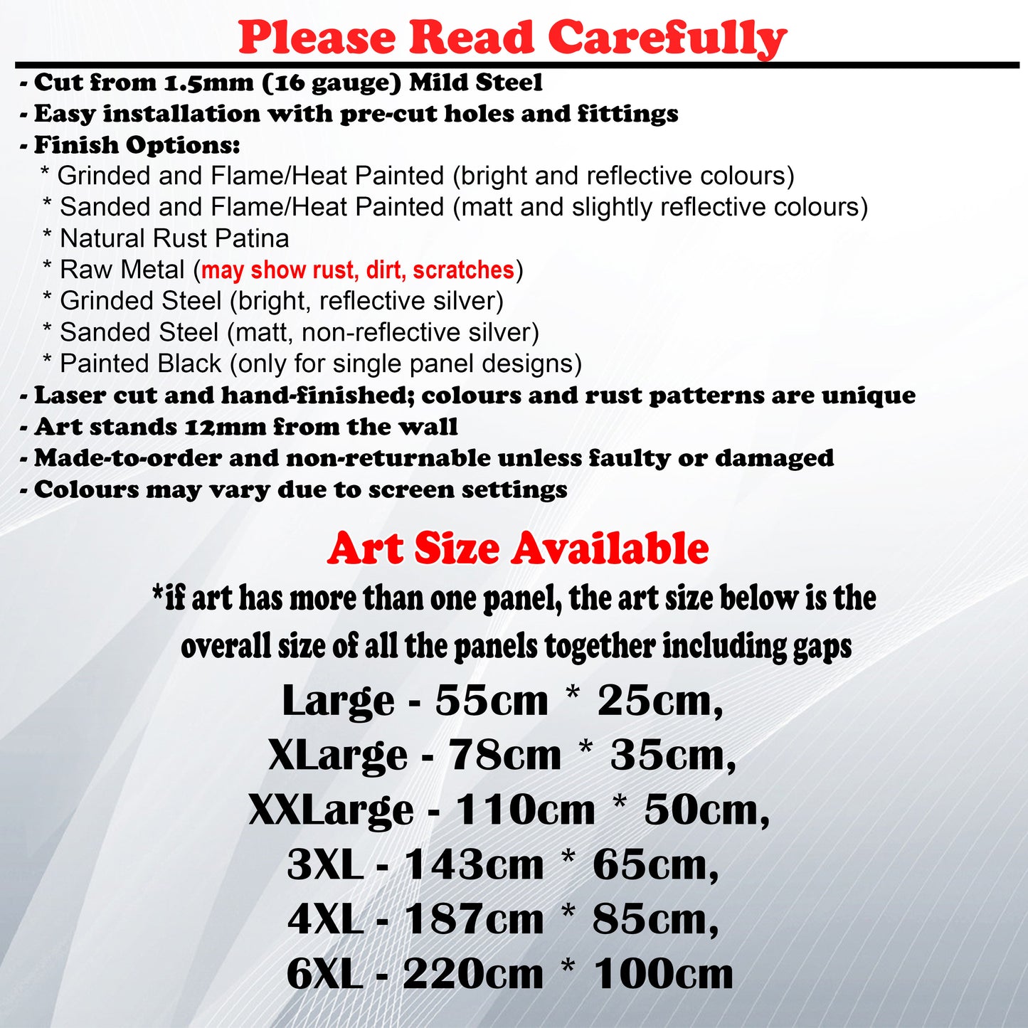 Metal Art Size Guide and art details like Material, finish options, fittings