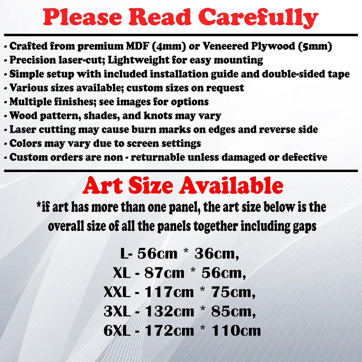 Wooden Art Size Guide and art details, Material, finish options, fittings.