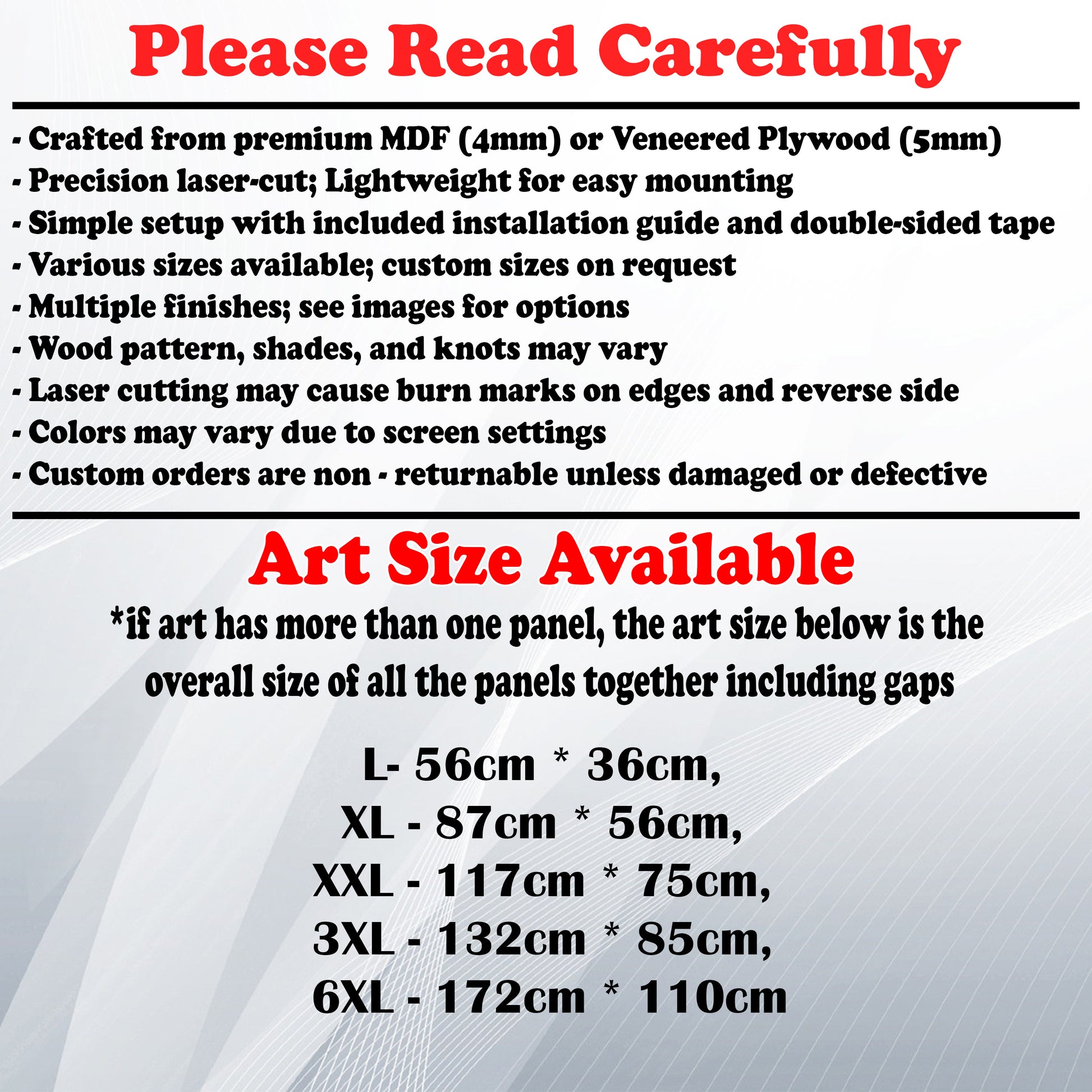 Wooden Art Size Guide and art details, Material, finish options, fittings.