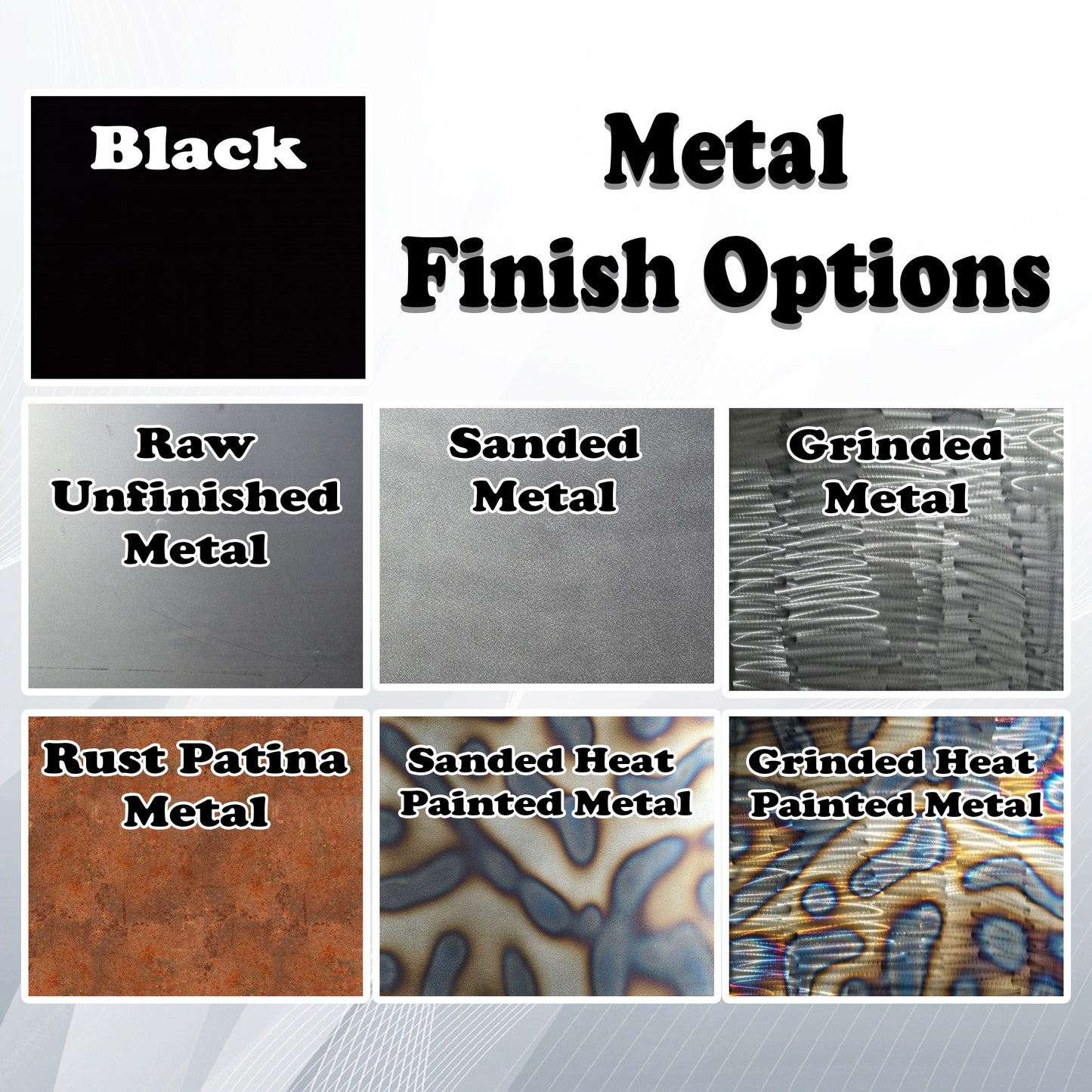 Duke Craft - Metal Garden Art. Colour selection. Painted Black; Raw Unfinished Metal; Sanded metal (matt silver colour); Grinded Metal (shiny silver); Rust Patina Metal; Sanded Heat Painted; Grinded Heat Painted
