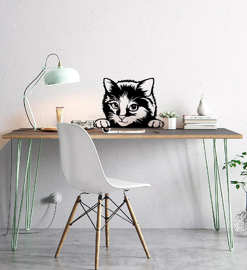 Metal garden decoration featuring a detailed depiction of a curious cat peeking over a ledge, adding a playful and charming touch to outdoor walls, fences, or garden spaces.