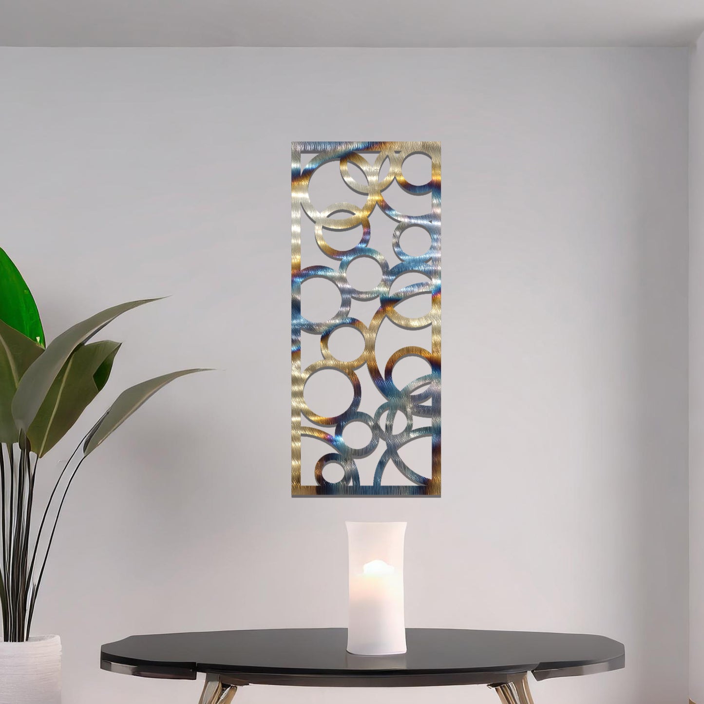 Geometric wall art design featuring an arrangement of overlapping and varying-sized circles, creating a dynamic and modern aesthetic.