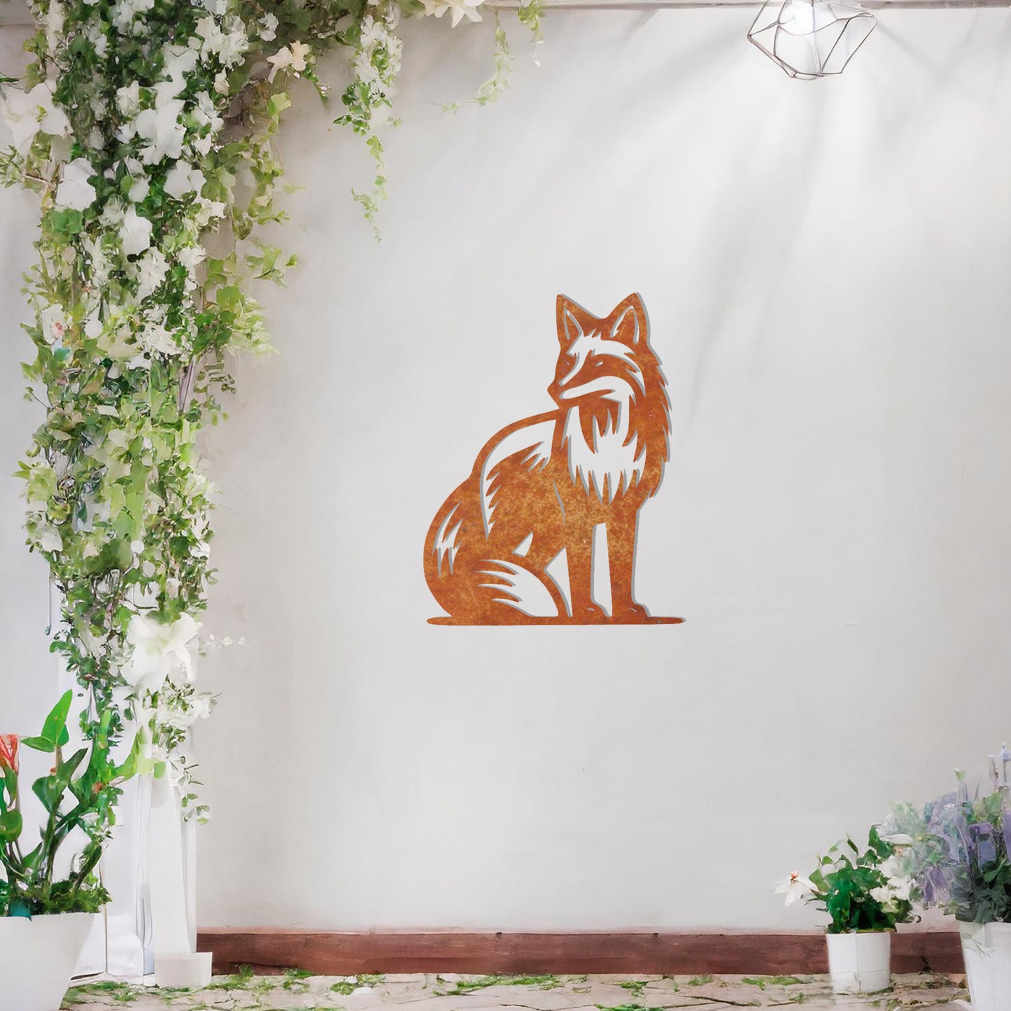 This design features a seated fox with graceful detailing and a poised stance. The intricate line work captures the essence of the fox's fur and its sleek form, making it a stunning decorative piece for any nature-inspired or rustic-themed space.