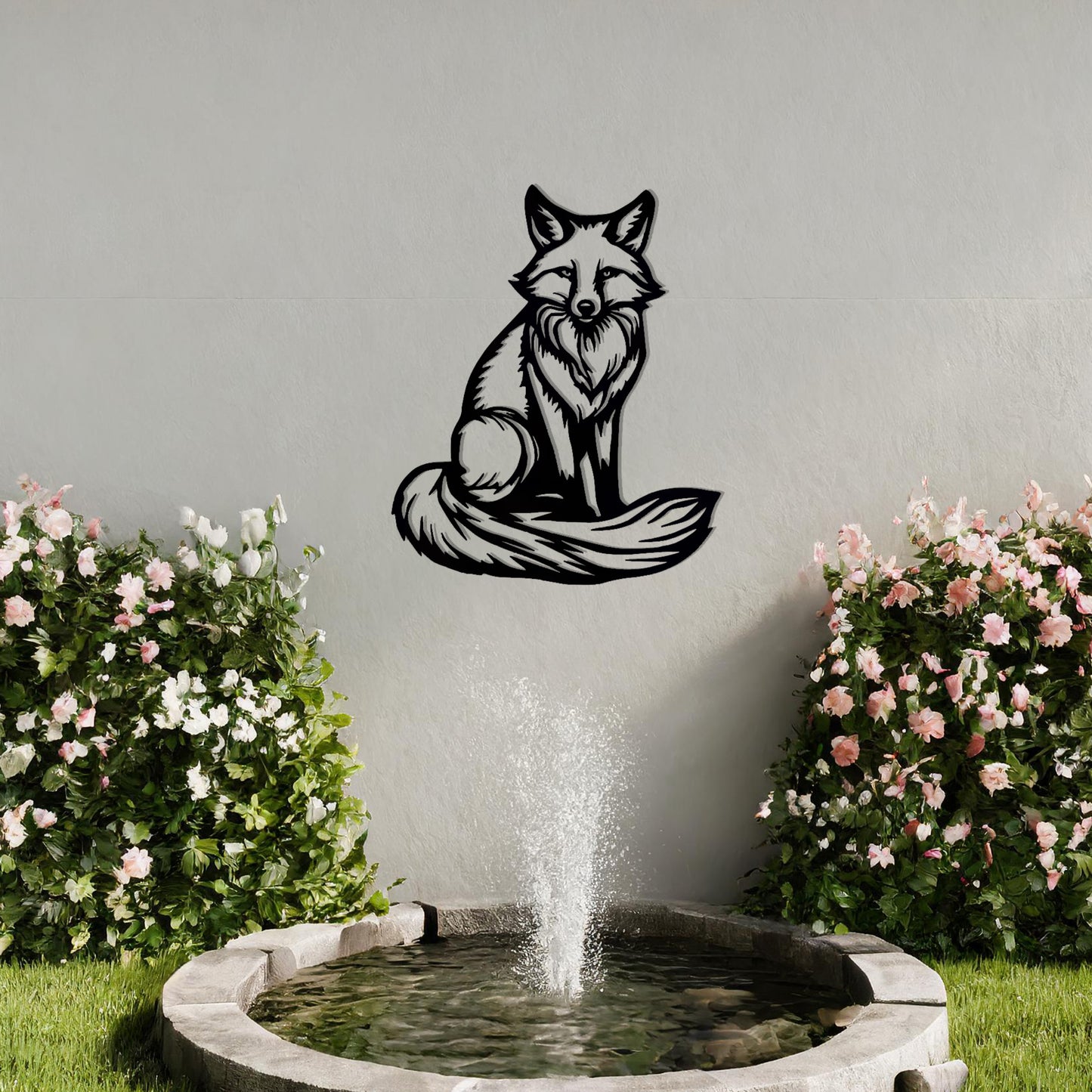 This metal wall art design features a sitting fox with a bushy tail, embodying a calm and majestic presence. The intricate detailing highlights the fox's fur and facial expression, making it a perfect addition to your decor for a natural and elegant touch.